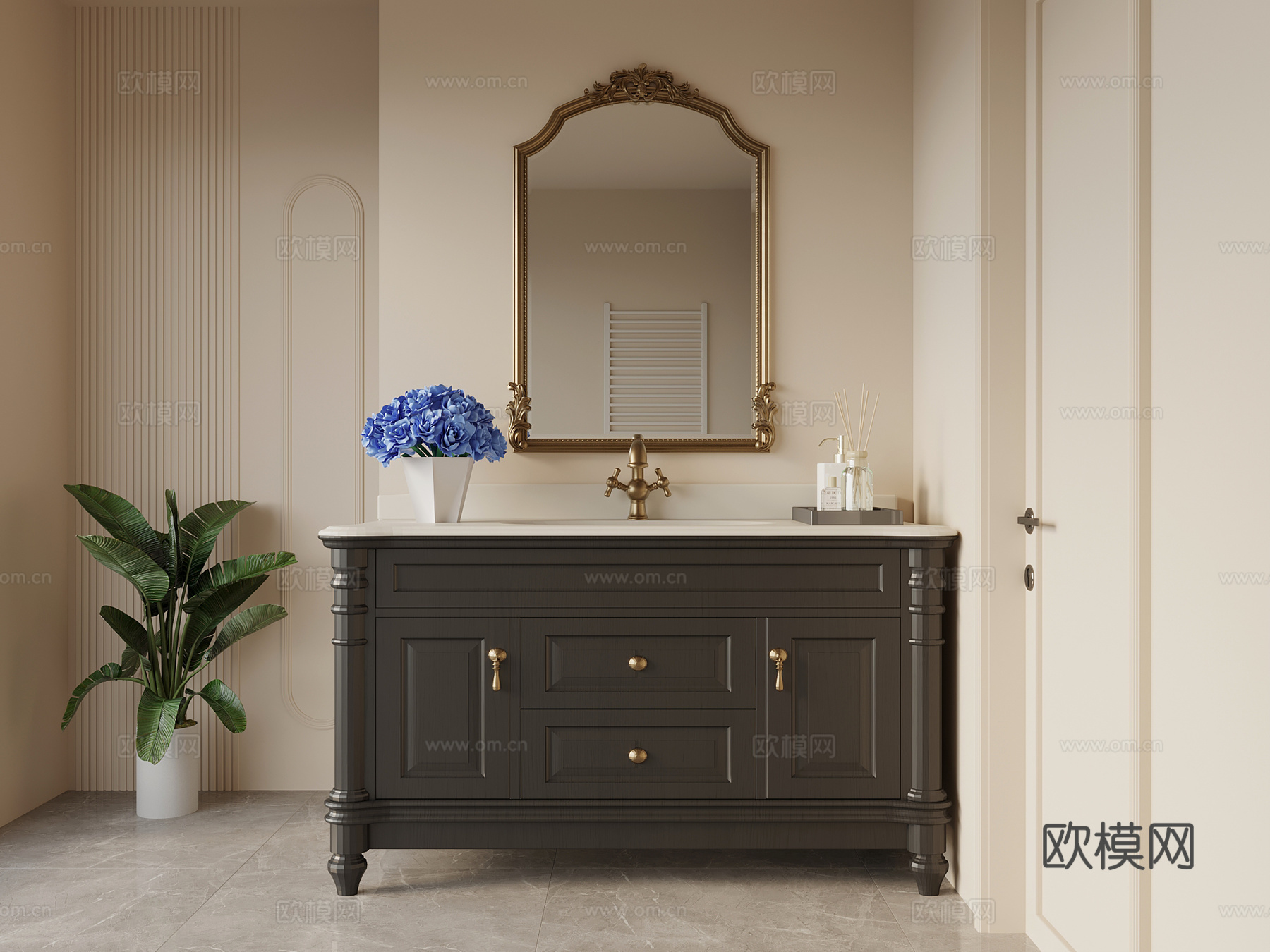 法式复古浴室柜 洗手台 洗漱台su模型