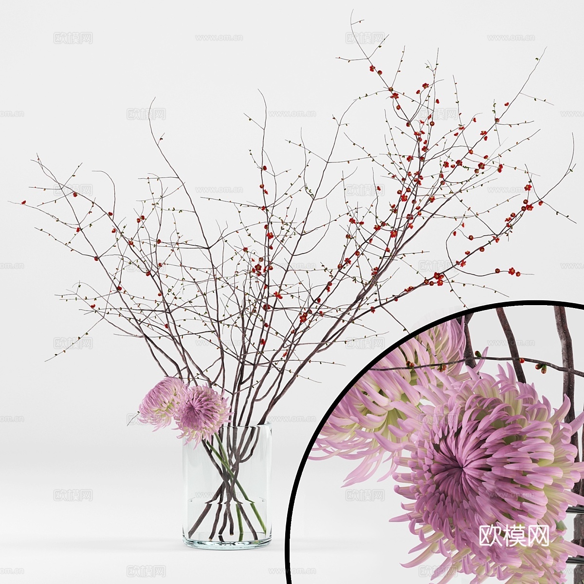 樱桃树枝与菊花3d模型下载