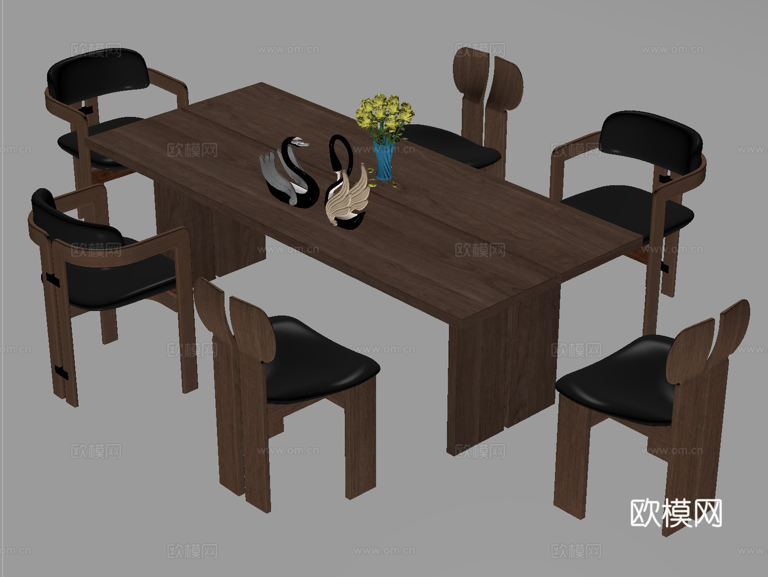 中古风餐桌椅组合 实木桌椅su模型