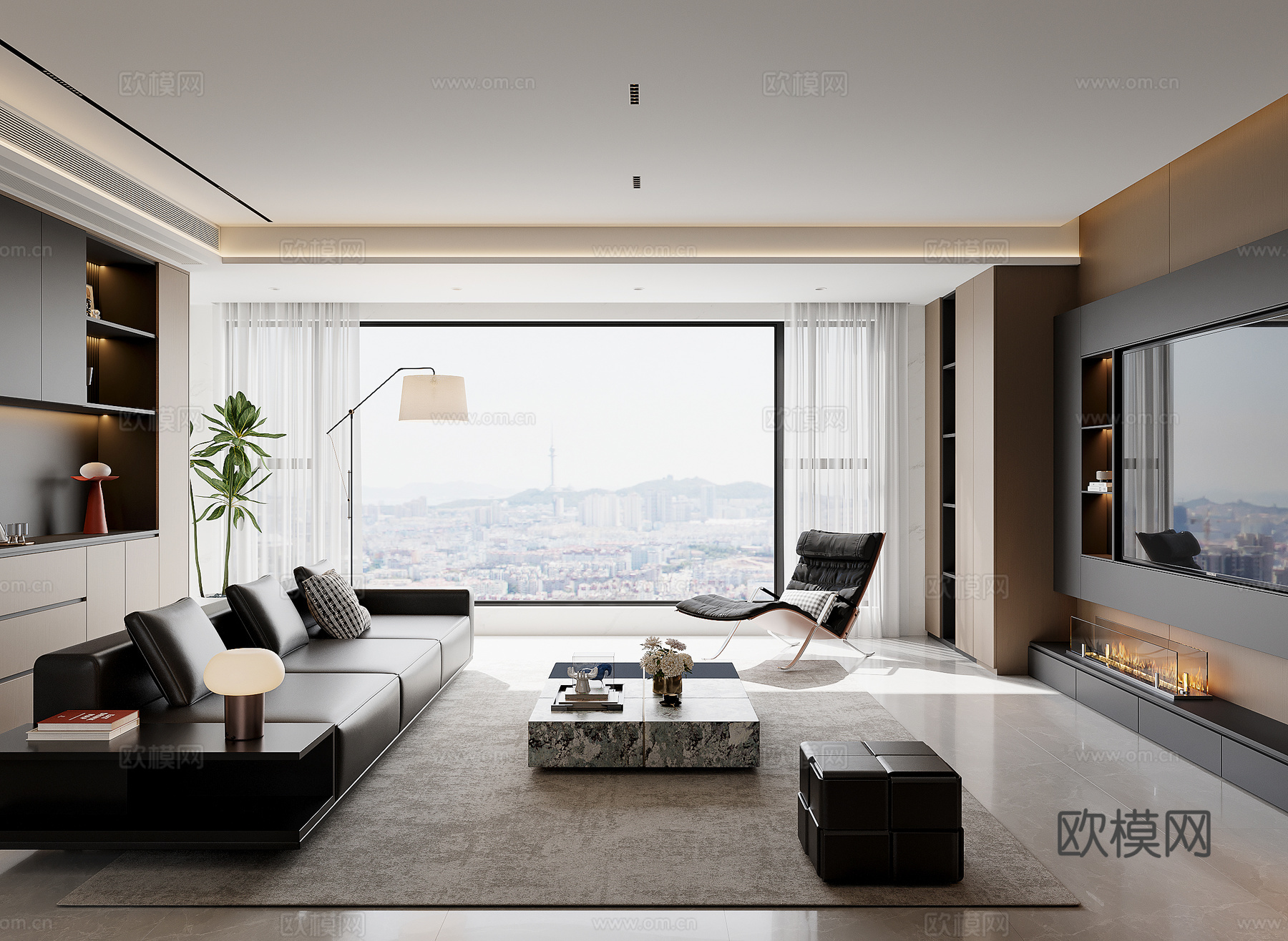 意式黑白灰无主灯客厅su模型su模型