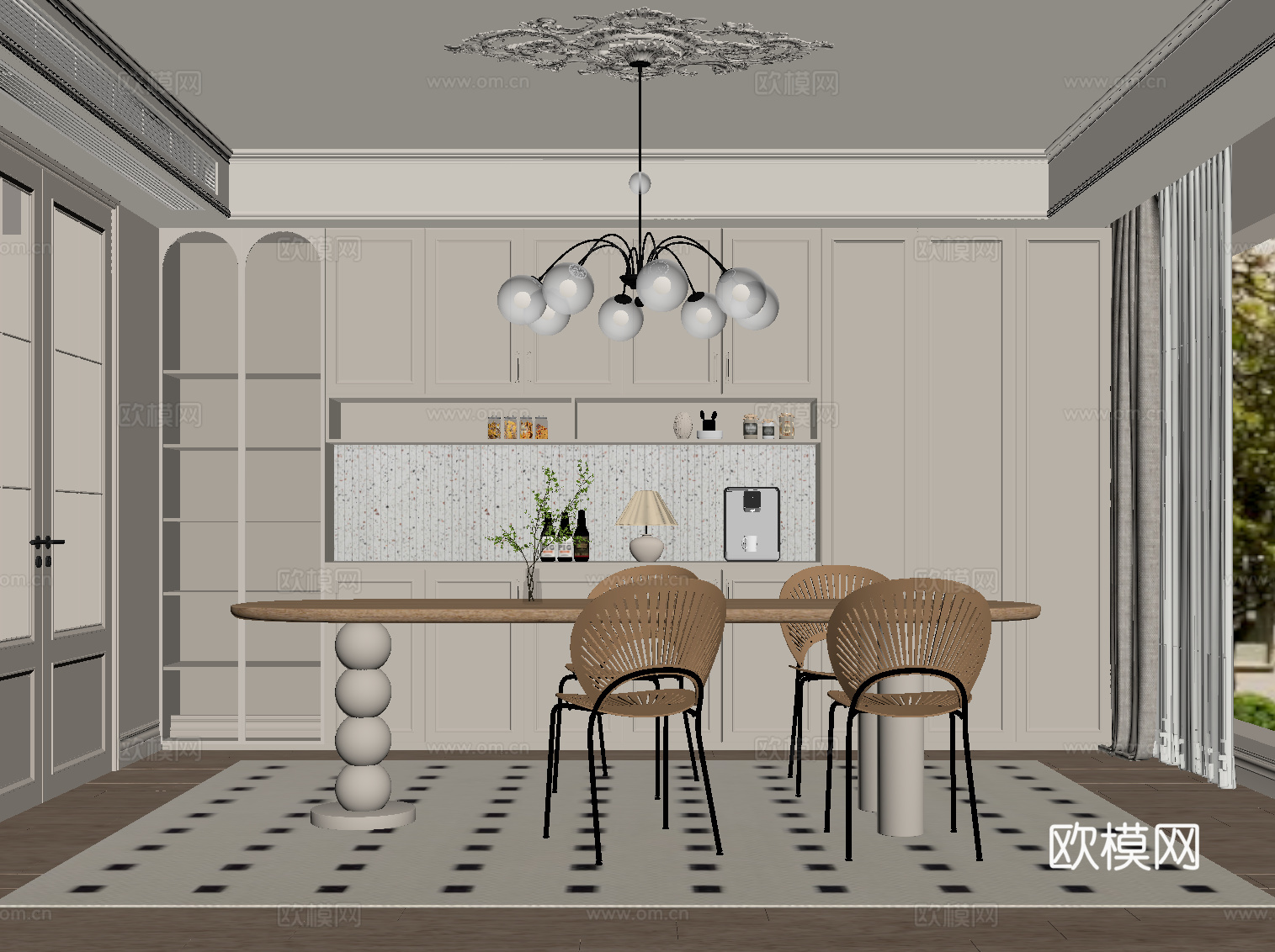 法式奶油风餐厅su模型