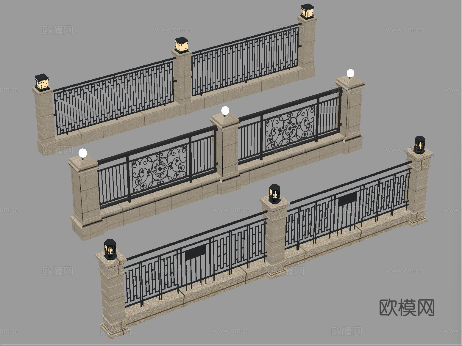现代围墙 景墙 小区围墙 铁艺围栏su模型