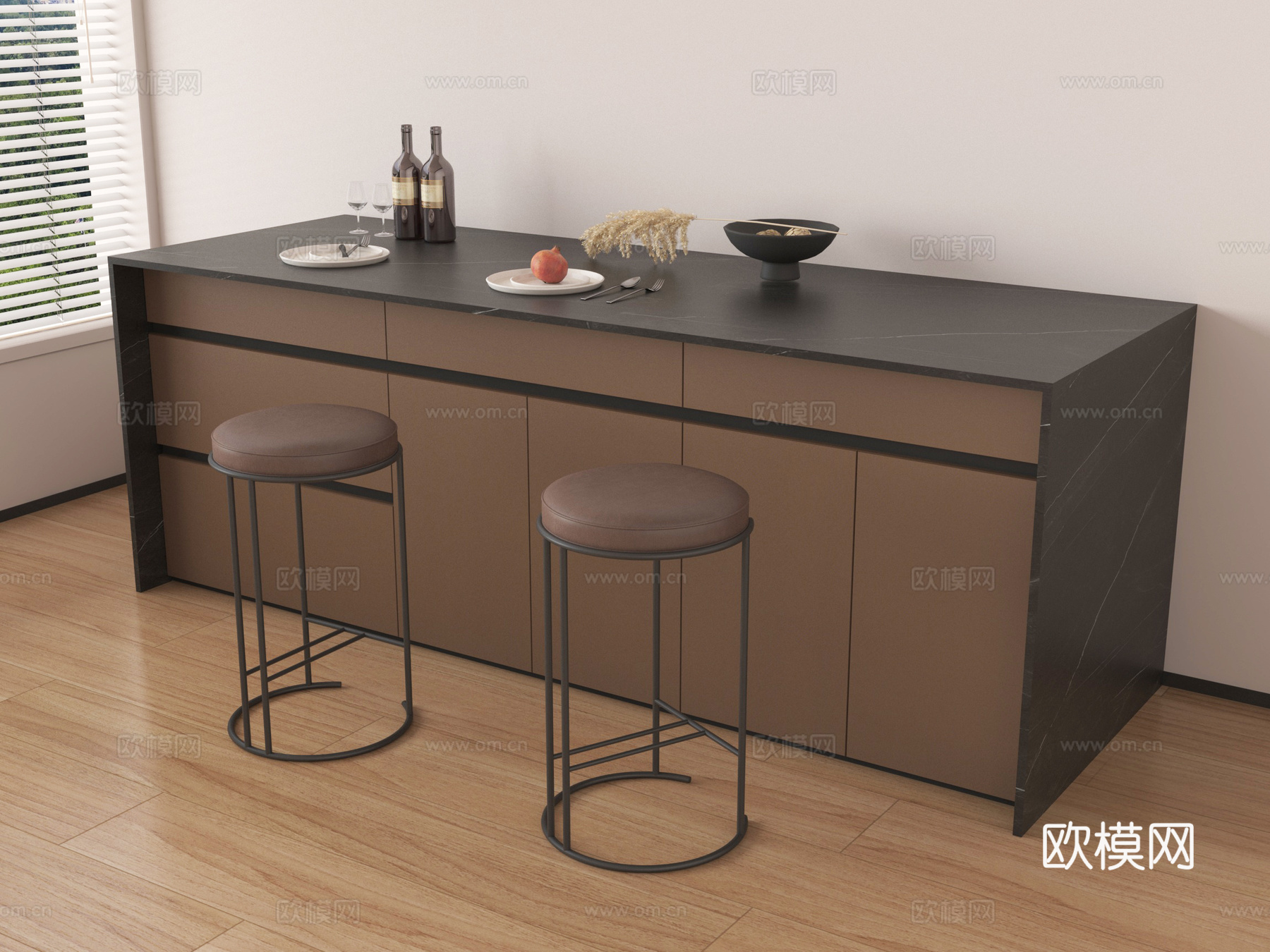 现代吧台吧椅组合 家居吧台su模型