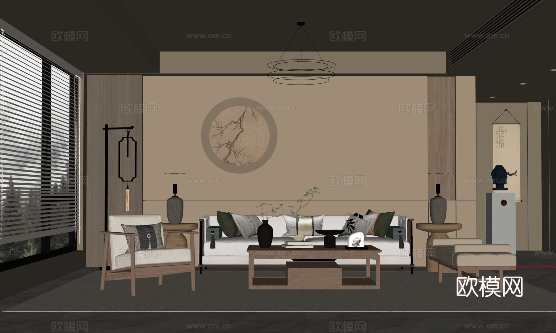 宋式客厅 沙发茶几组合 沙发背景墙su模型下载（渲染图2）