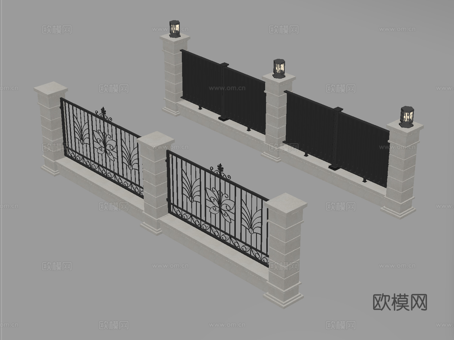 现代围墙 景墙 小区围墙 铁艺围栏su模型