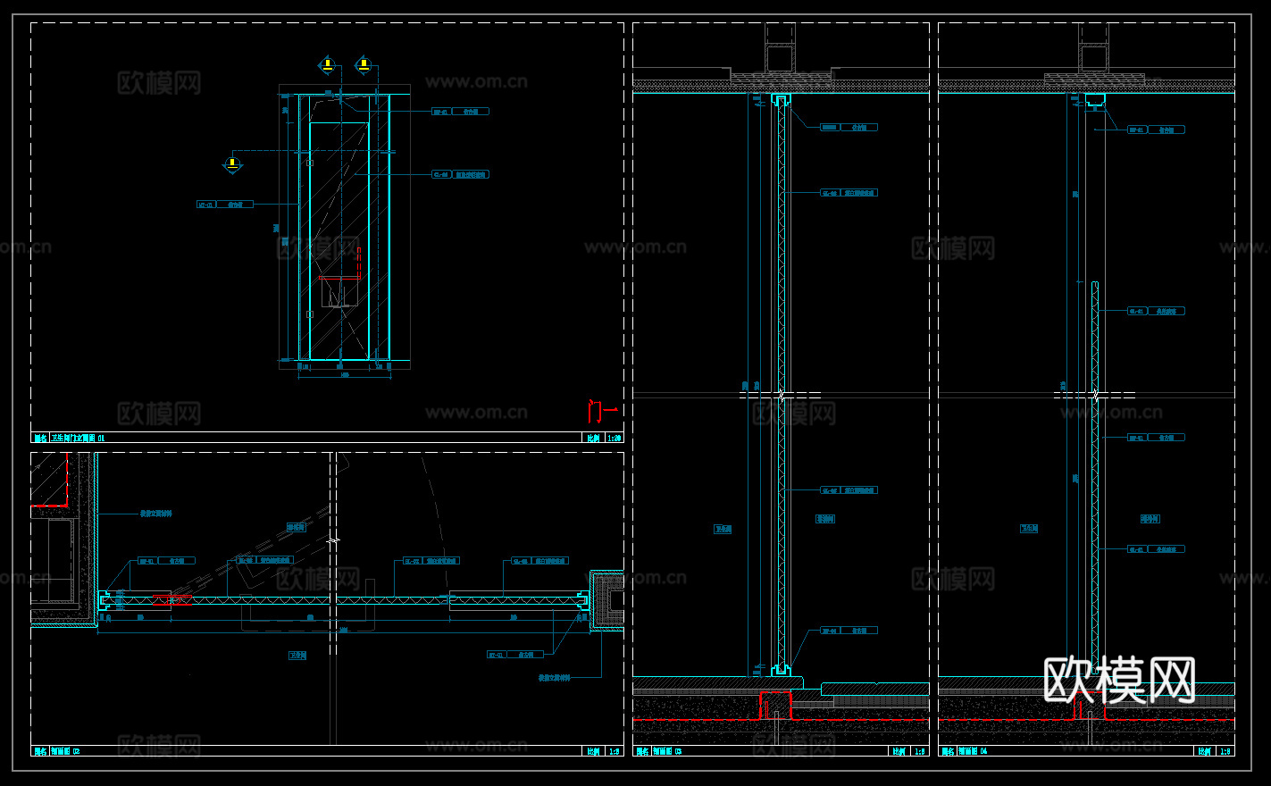 卫生间玻璃门 门节点 单开玻璃门节点 玻璃门cad施工图下载（渲染图3）