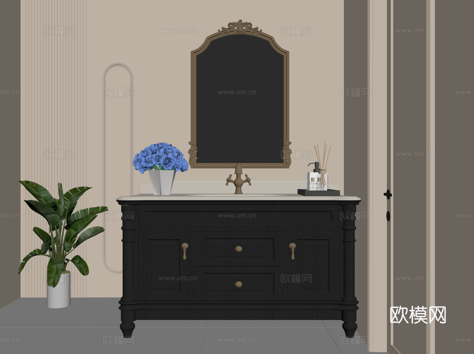 法式复古浴室柜 洗手台 洗漱台su模型