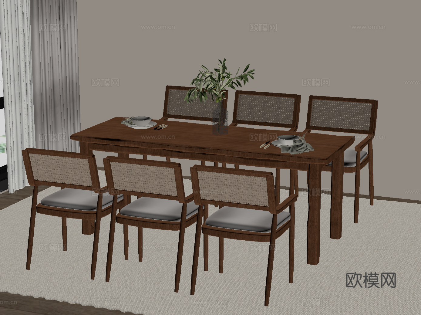 中古风餐桌椅su模型