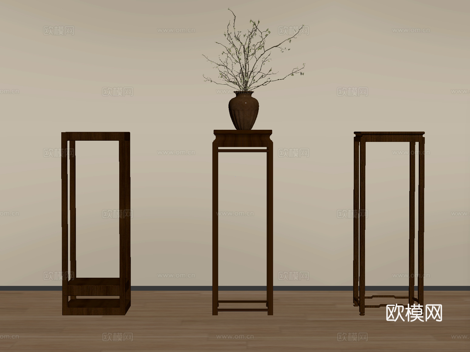 新中式花几 花架 绿植摆件su模型
