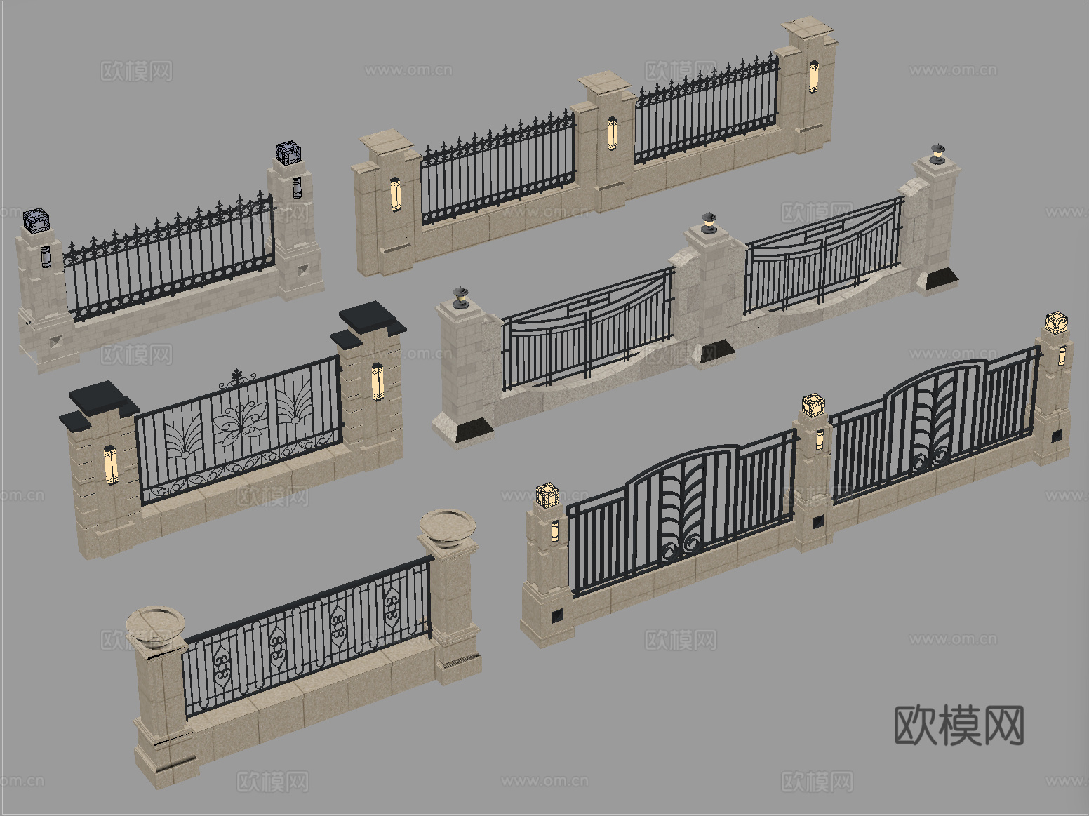 现代围墙 景墙 小区围墙 铁艺围栏su模型