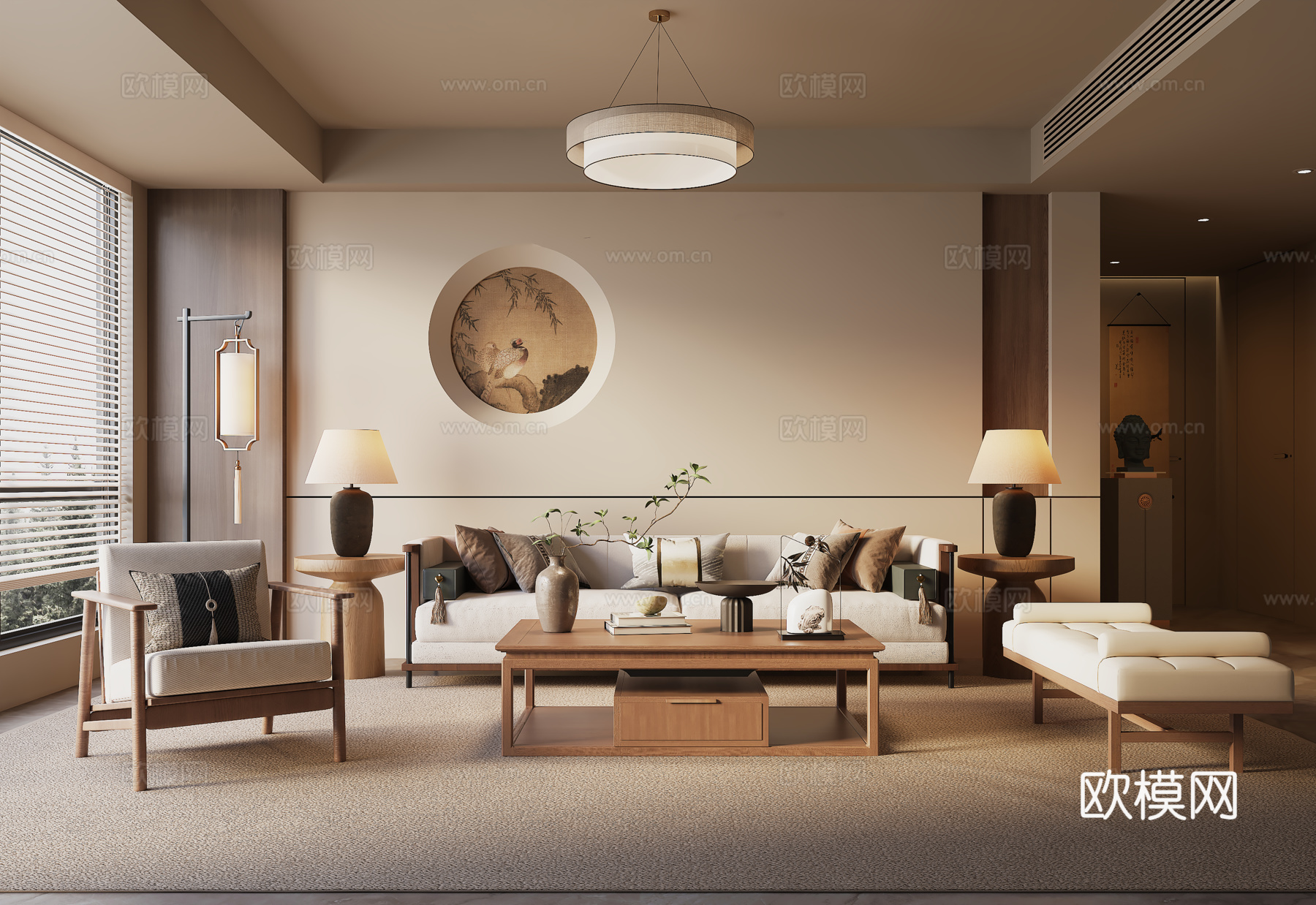 宋式客厅 沙发茶几组合 沙发背景墙su模型下载（渲染图1）