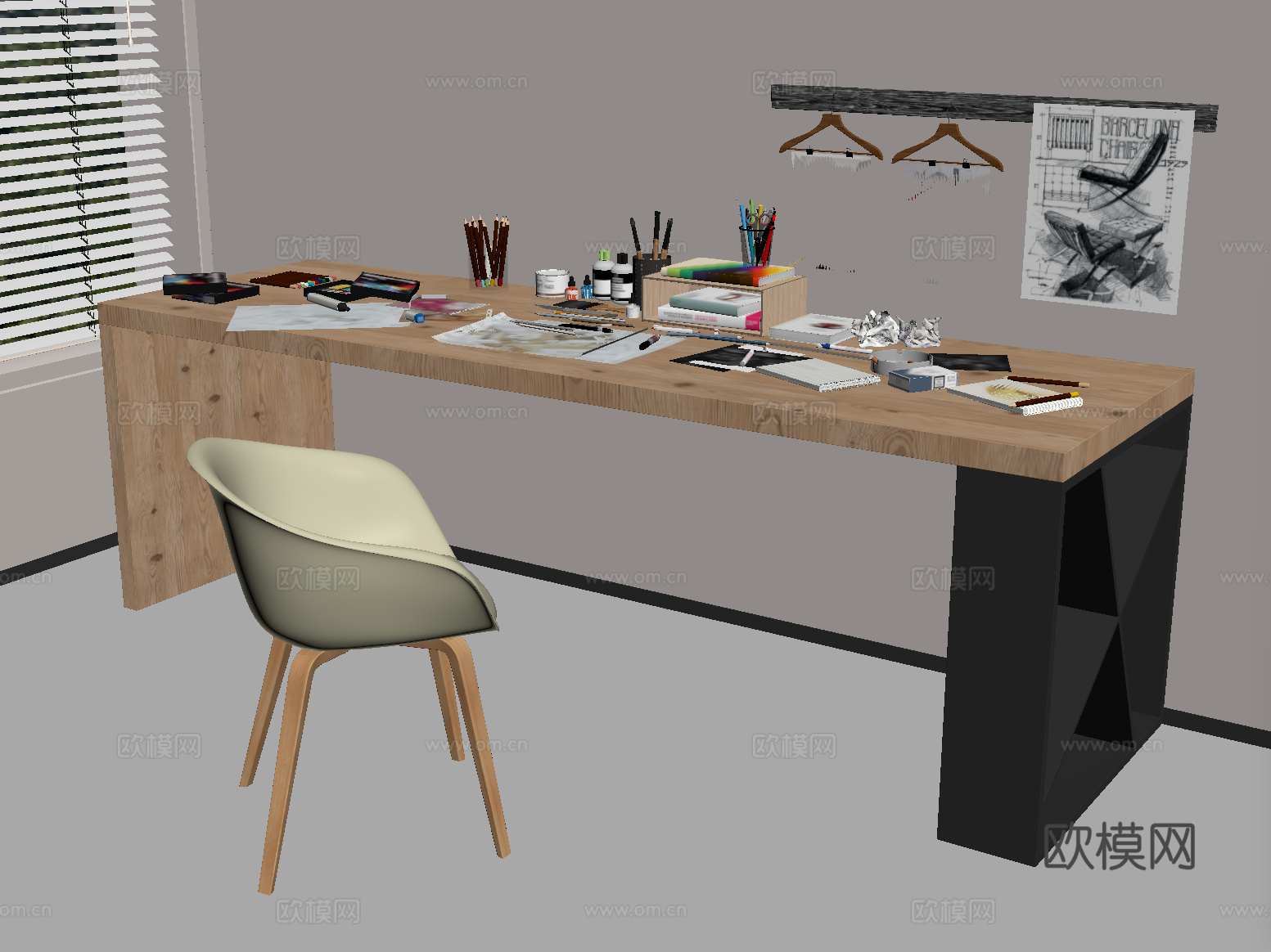 现代书桌椅组合 书籍 摆件su模型