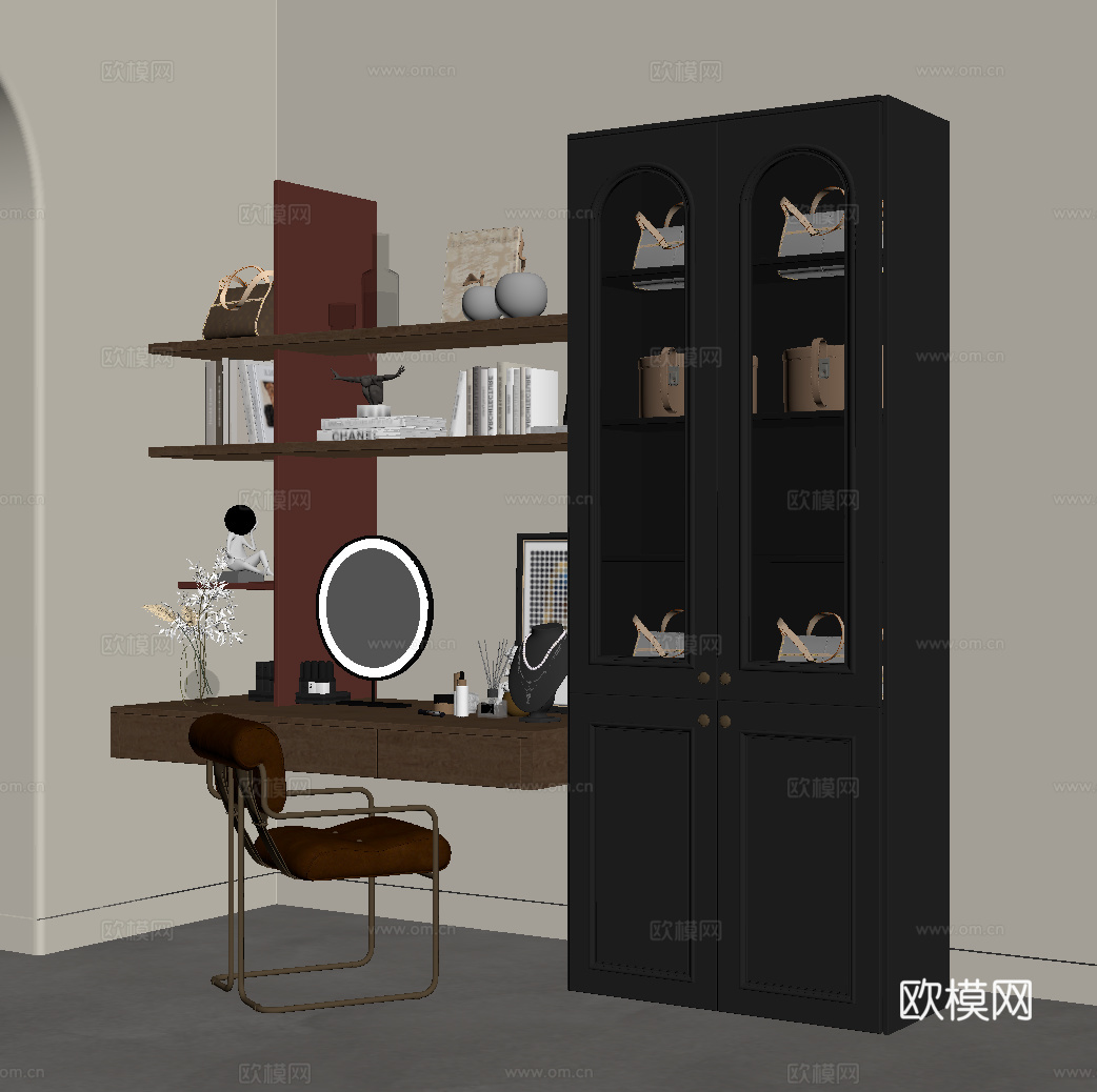 中古风书柜 书桌su模型