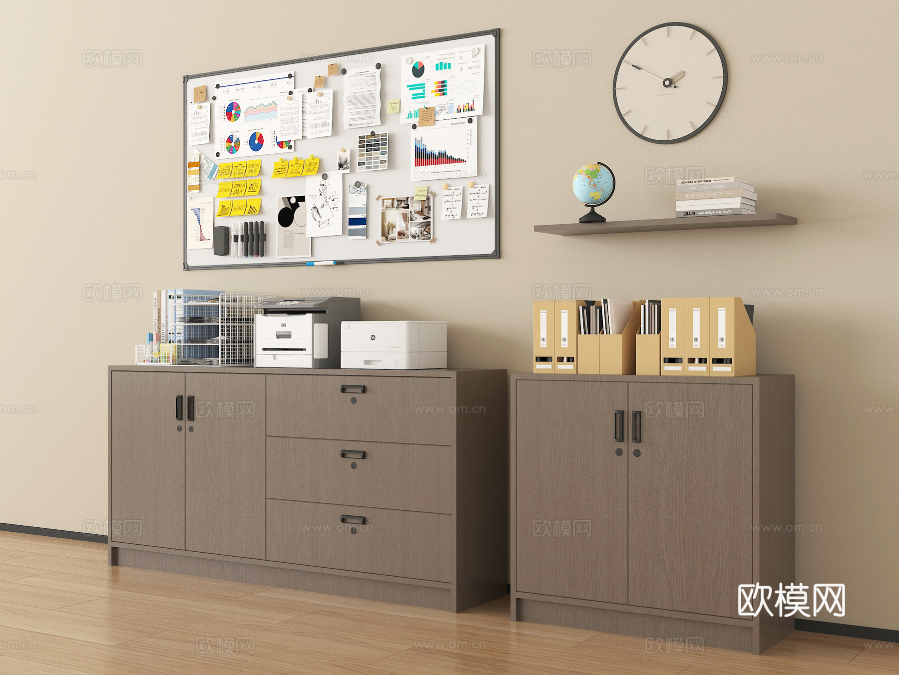 现代文件柜 档案柜 便签墙 打印机 办公用品su模型