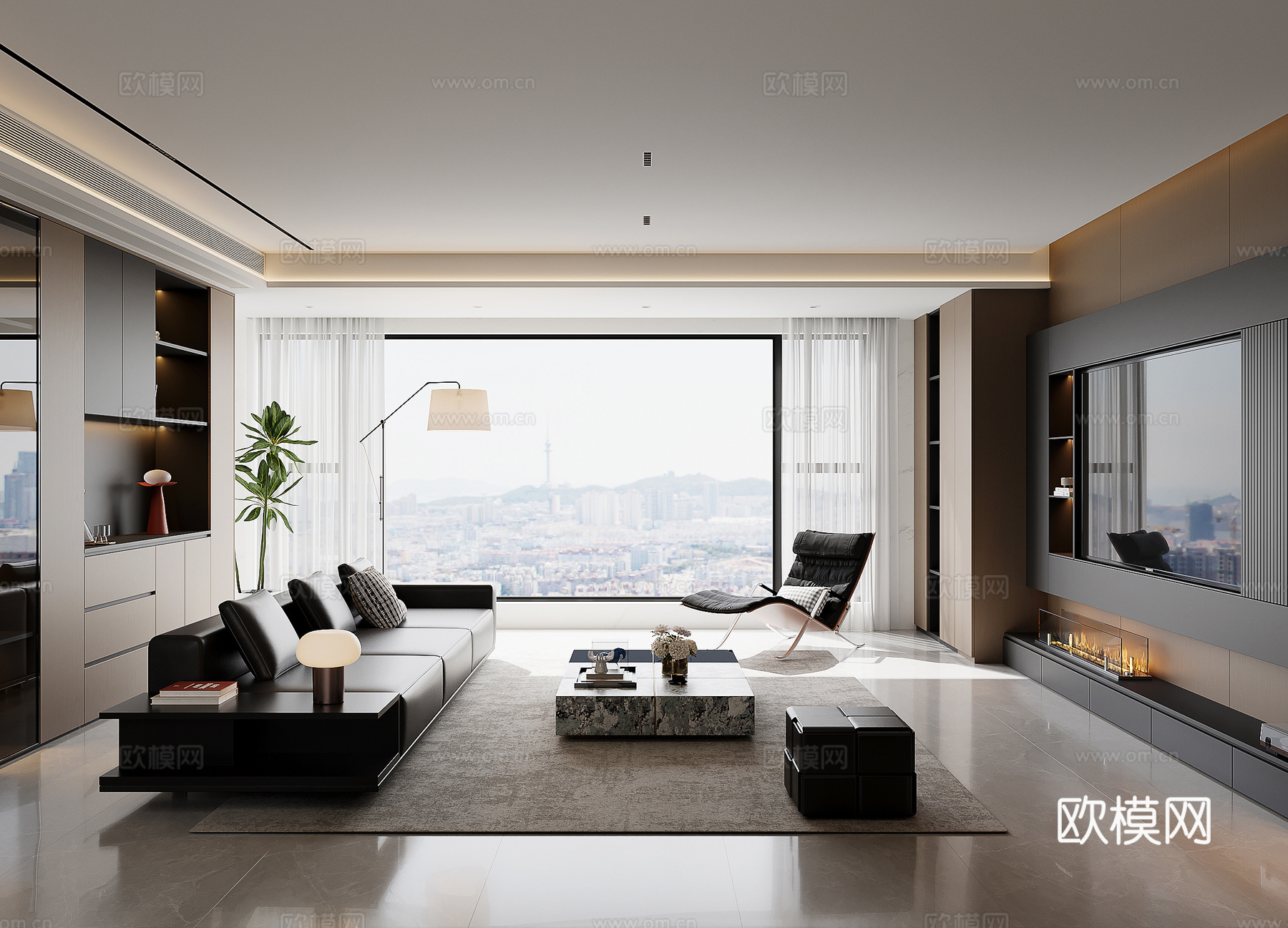 意式黑白灰无主灯客厅su模型su模型