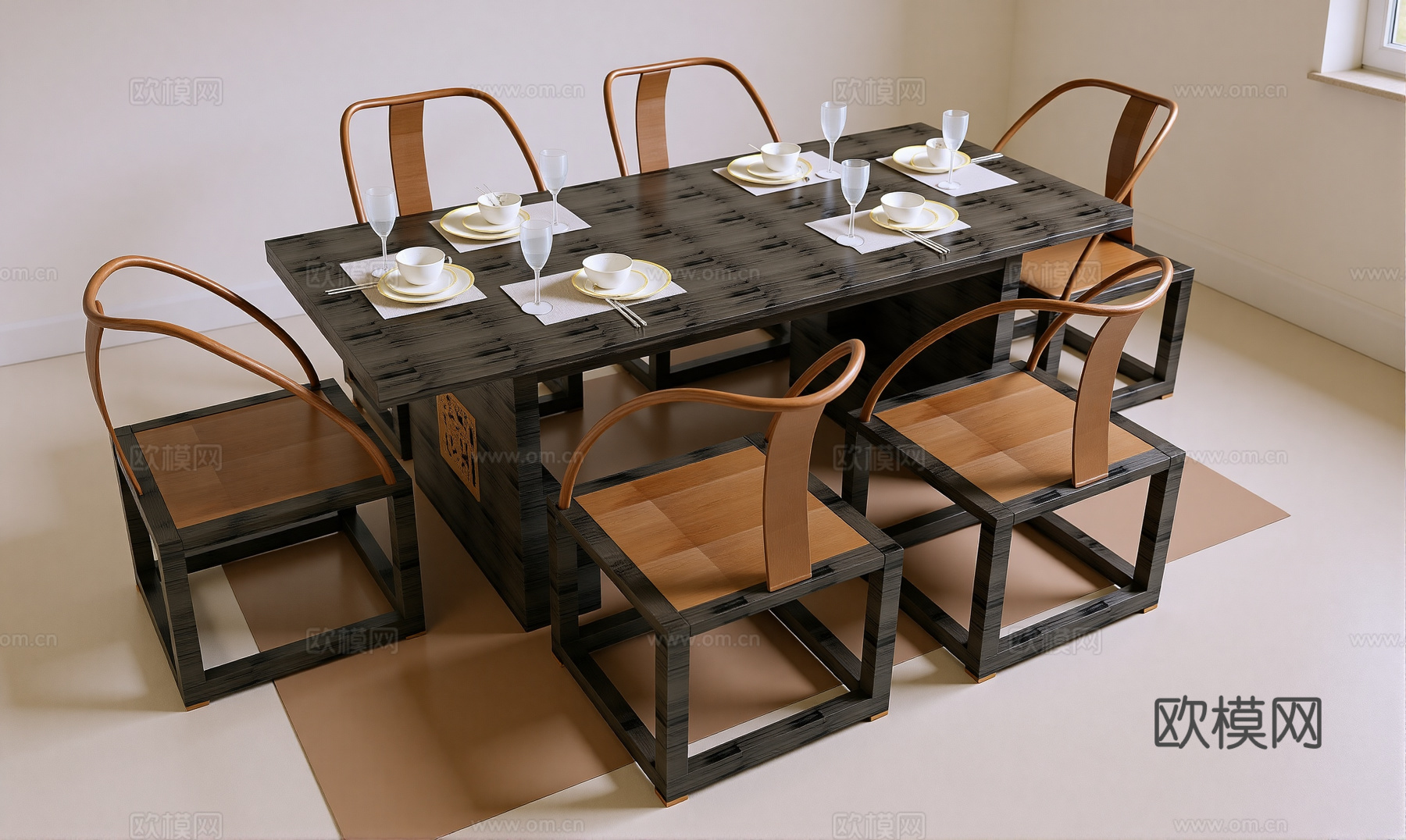新中式餐桌椅su模型