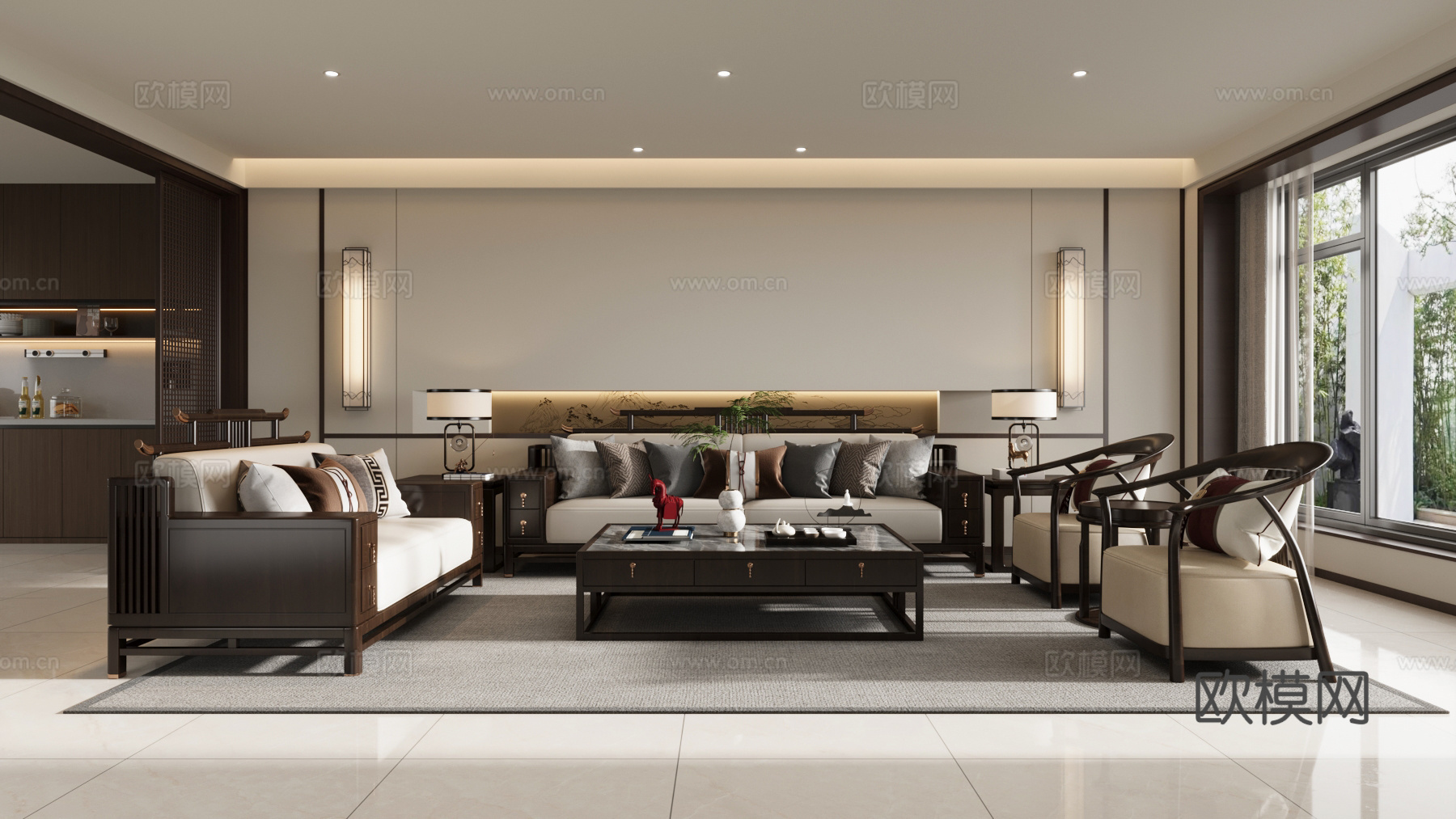 新中式客厅su模型