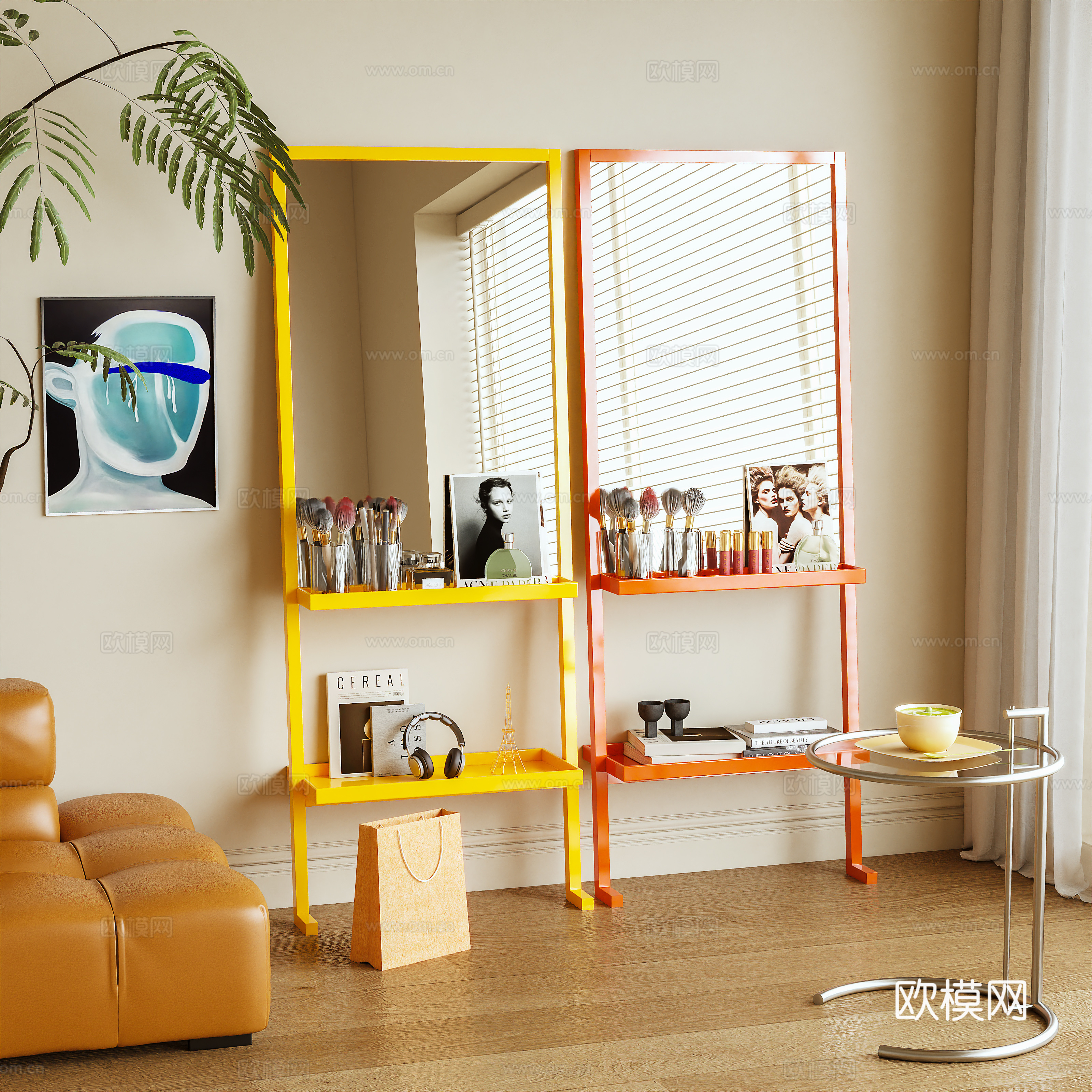 落地镜 全身镜 置物架 多巴胺 摆件 化妆品3d模型下载
