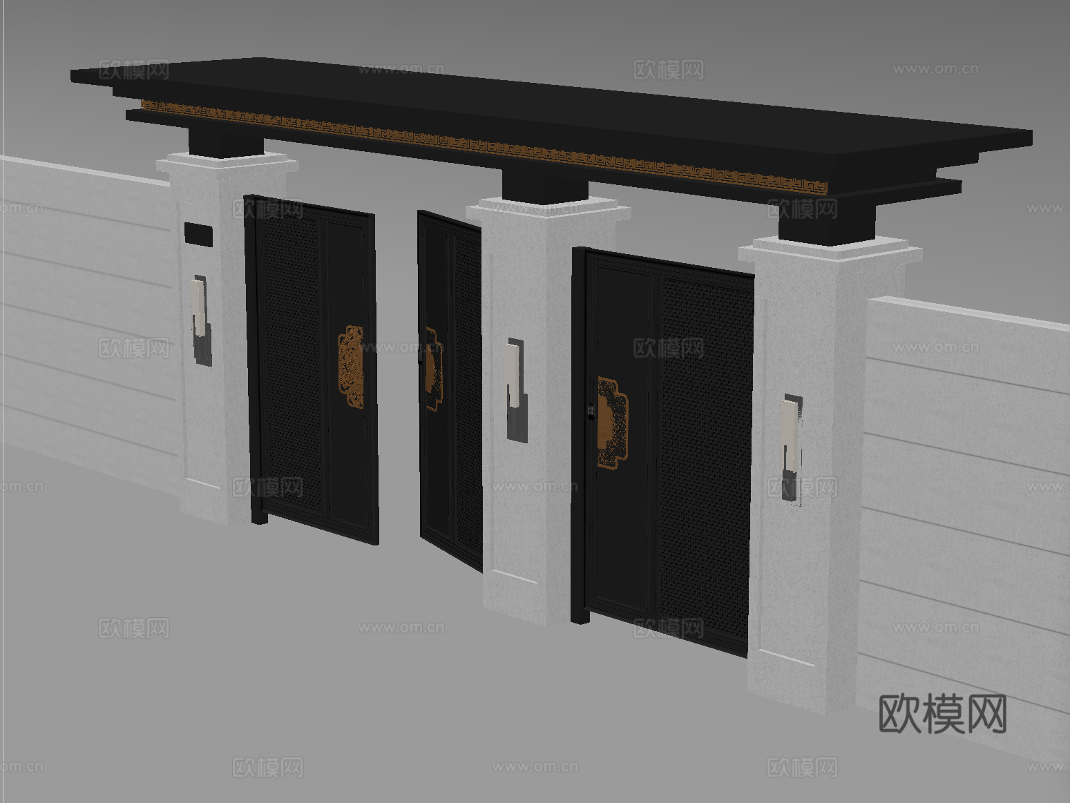 新中式大门 别墅庭院门 户外大门 庭院铁艺大门su模型