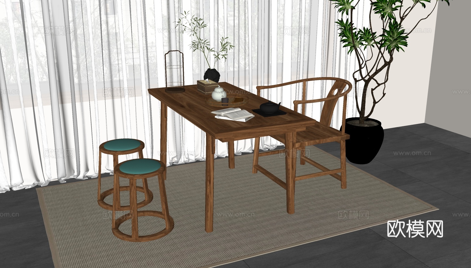 新中式阳台小茶桌椅组合su模型