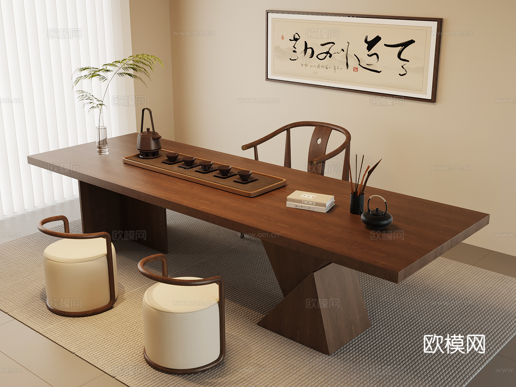 新中式茶桌椅su模型