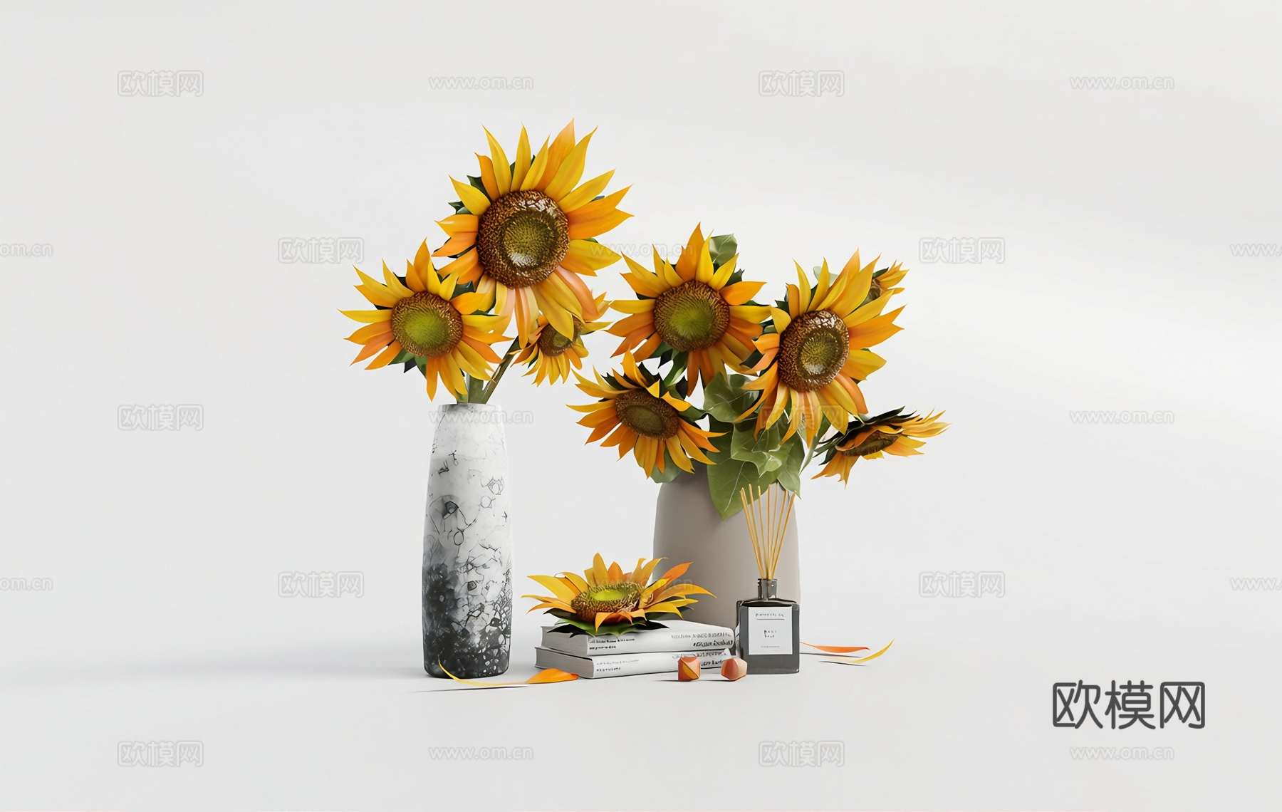 侘寂风陶瓷花瓶 向日葵 仿真花 花束 花艺 书与香薰su模型