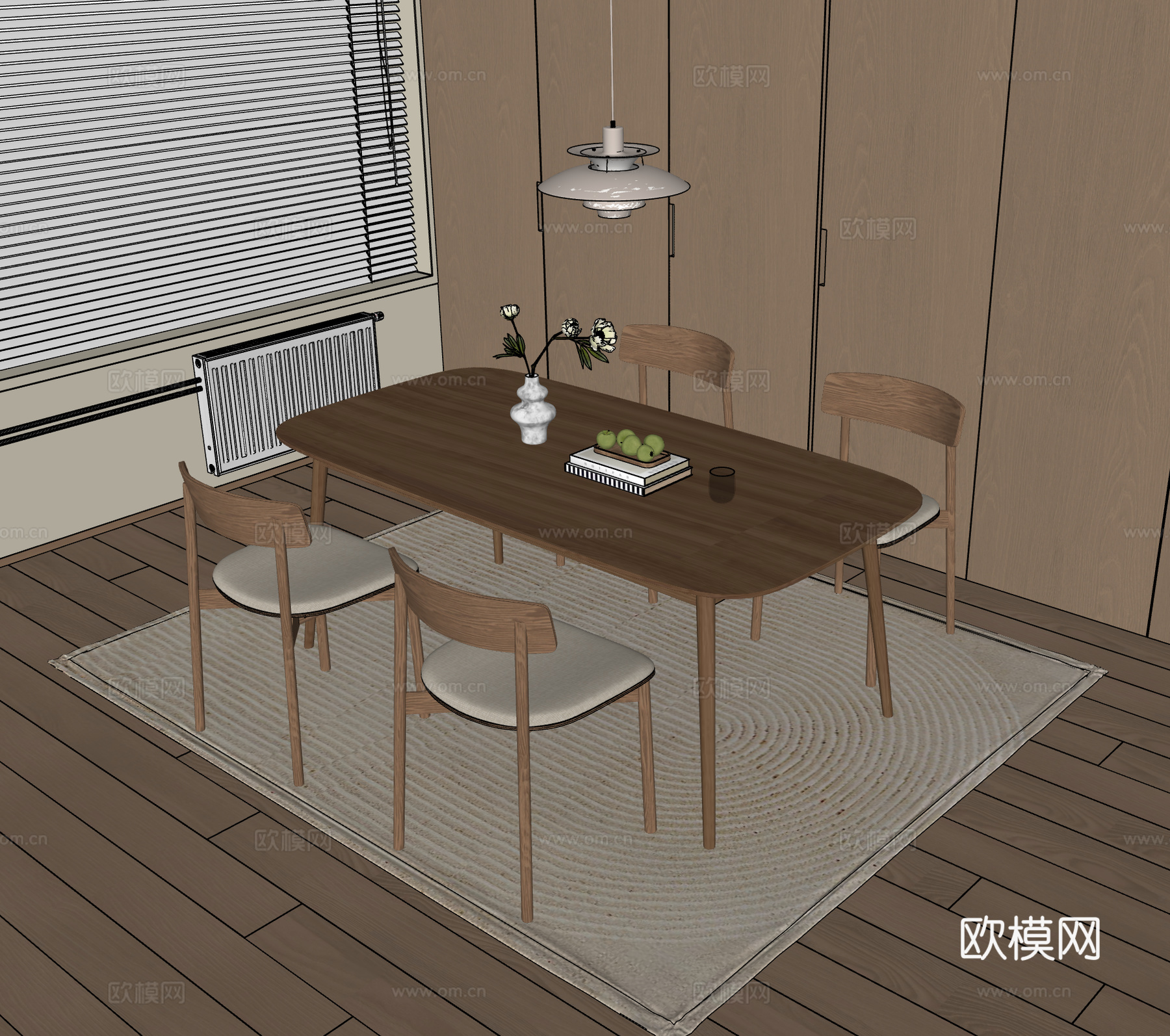 北欧餐桌椅组合 实木餐桌椅 飞碟灯 地毯 餐椅 实木餐桌 四su模型