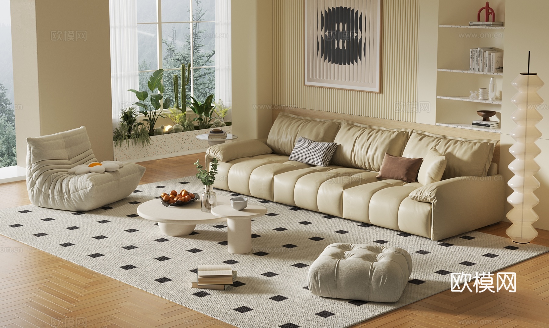 奶油风客厅su模型