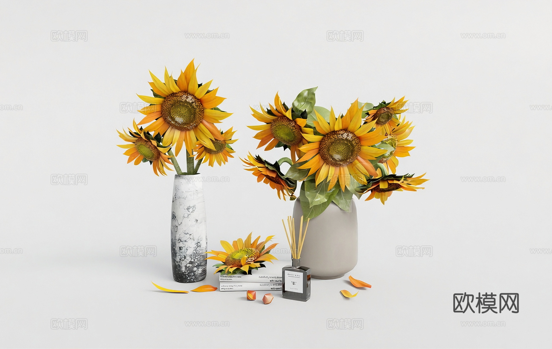 侘寂风陶瓷花瓶 向日葵 仿真花 花束 花艺 书与香薰su模型