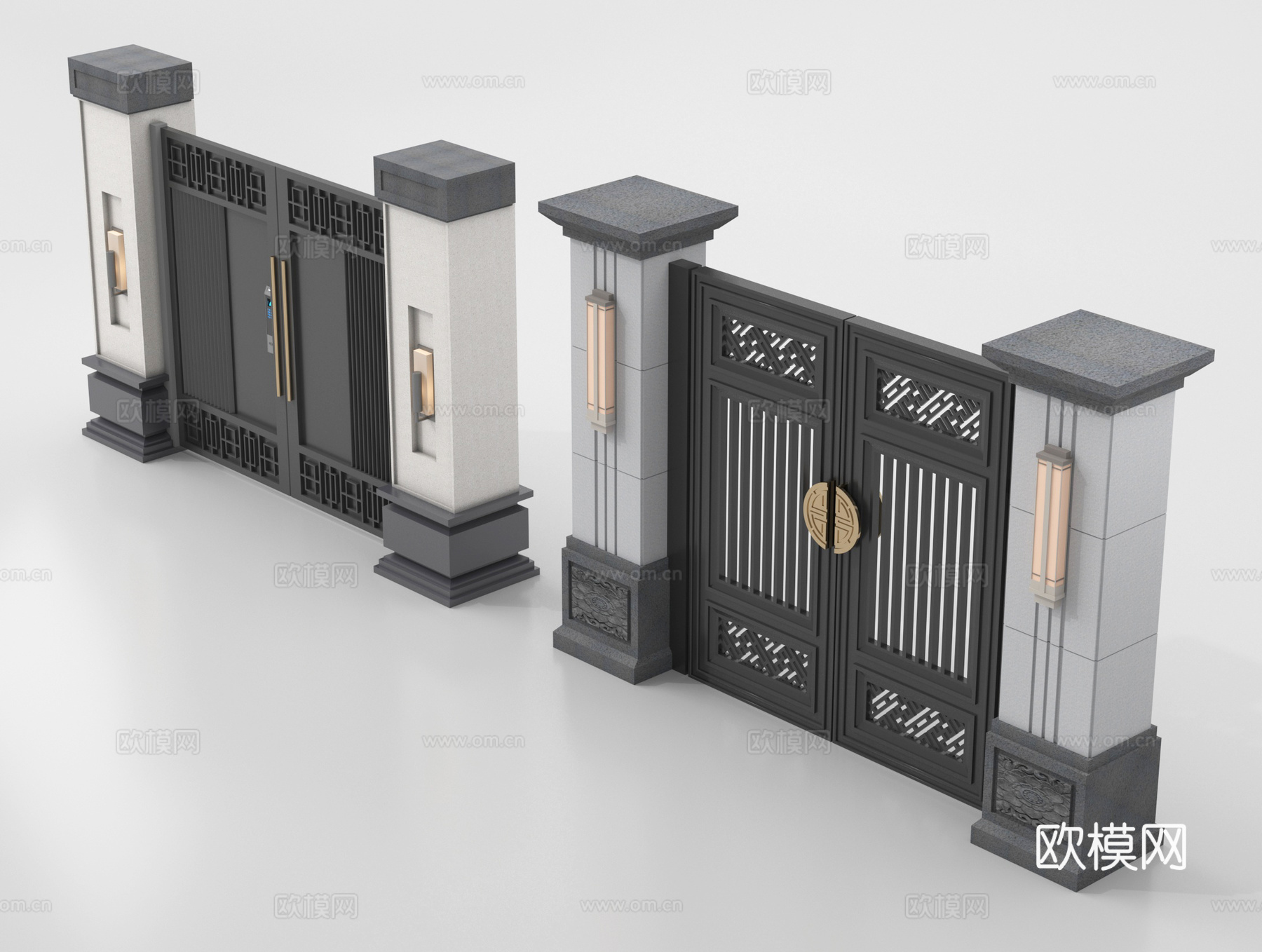 新中式大门 别墅庭院门 户外大门 庭院铁艺大门su模型