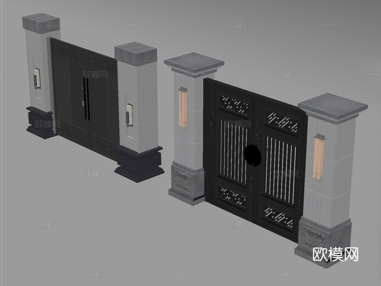 新中式大门 别墅庭院门 户外大门 庭院铁艺大门su模型