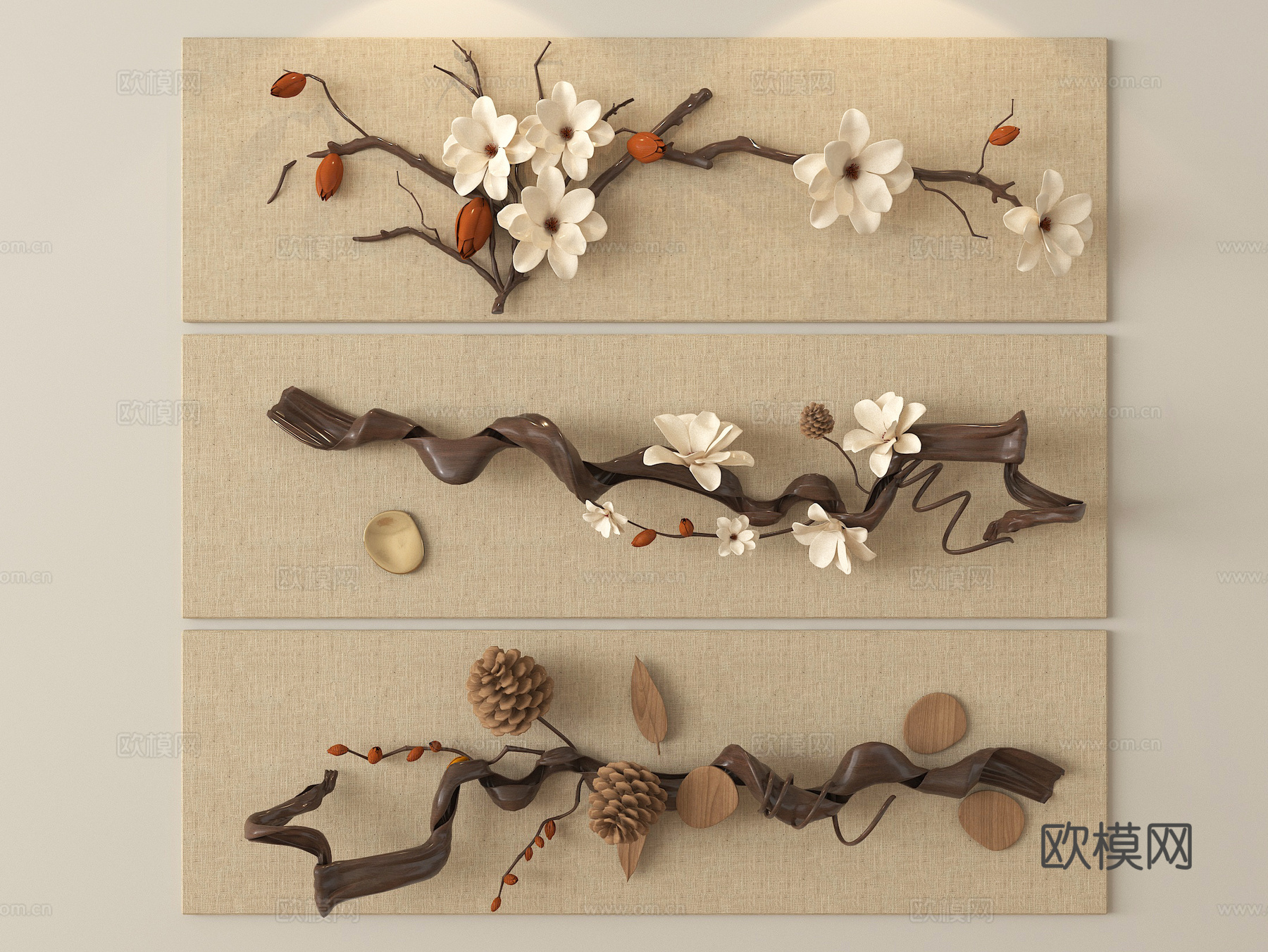 新中式干枝 花枝 立体墙饰 挂件su模型