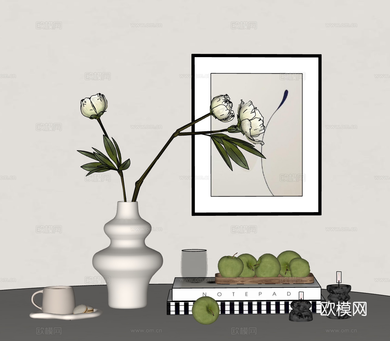 现代简约饰品摆件组合 花瓶 果盘 咖啡杯 书籍摆件 挂画su模型su模型