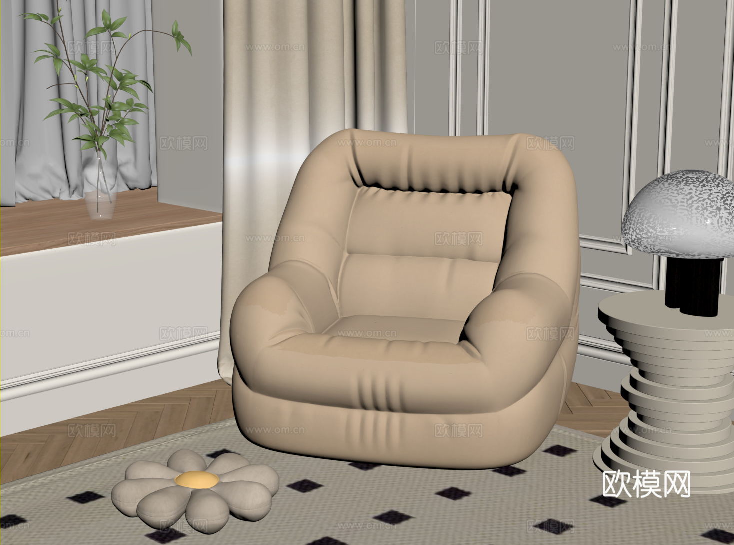 现代奶油懒人沙发 单人小沙发 窝窝椅 休闲沙发椅su模型