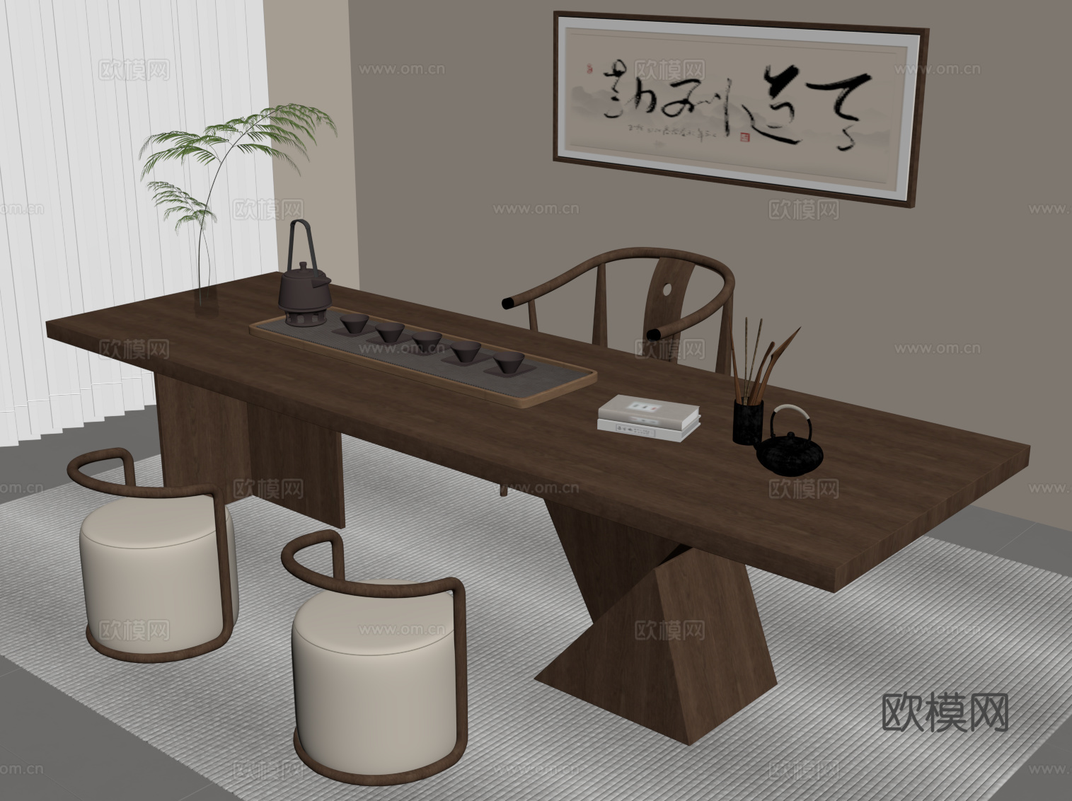 新中式茶桌椅su模型