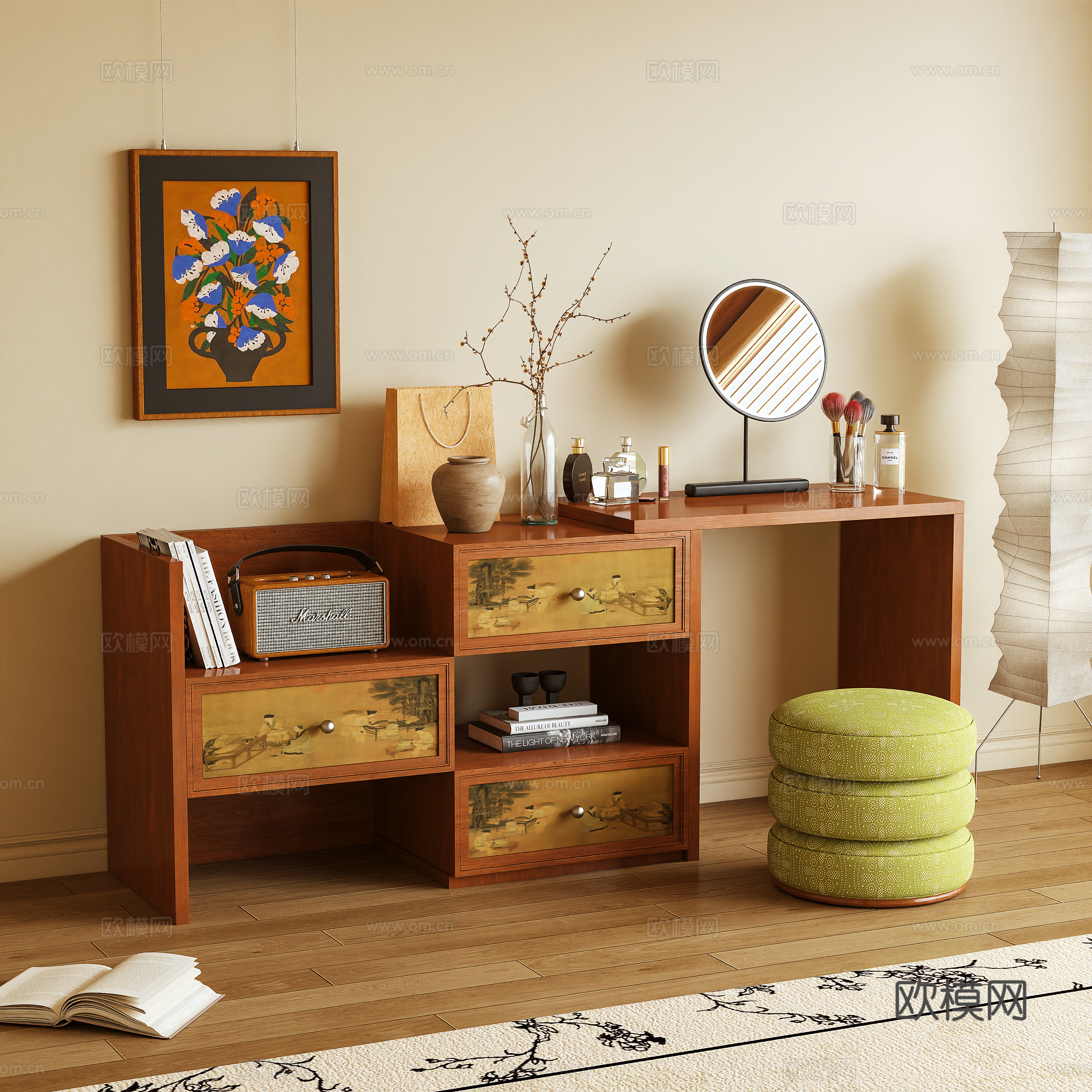 梳妆台 化妆桌 储物柜 伸缩柜 边柜 凳子 装饰画3d模型下载