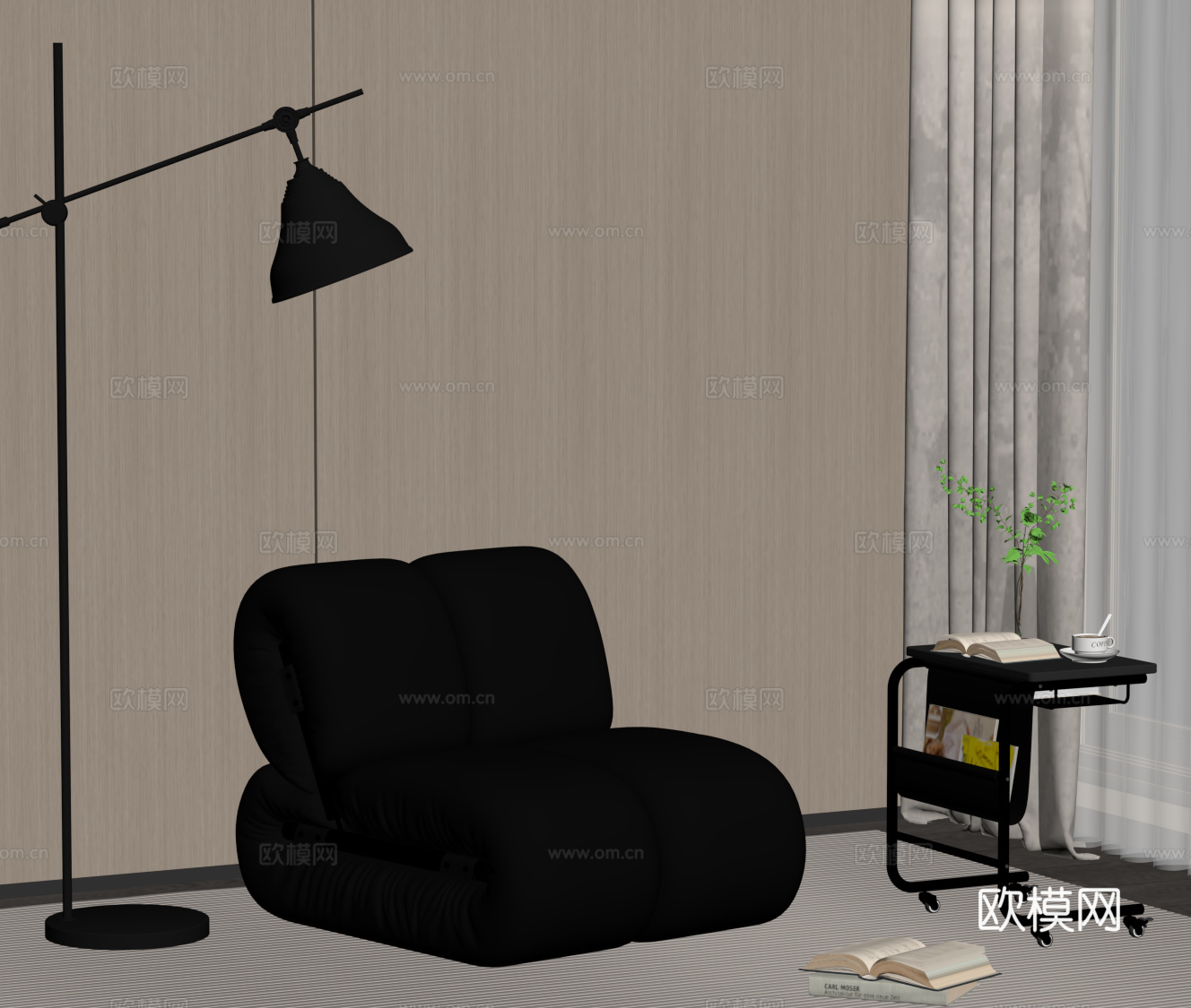 现代意式懒人沙发 休闲沙发 皮质沙发 落地灯 边几su模型