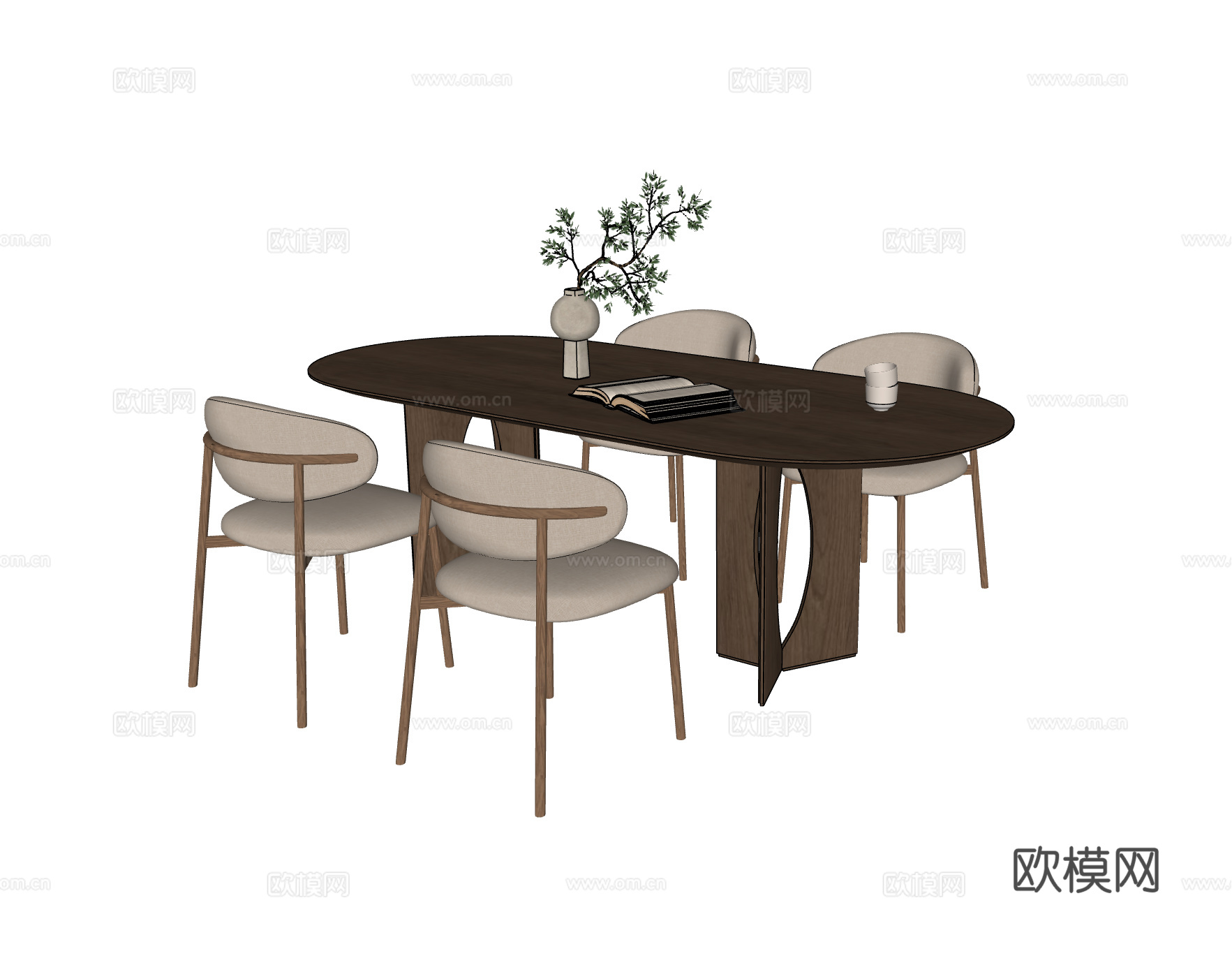 北欧中古风餐桌椅组合 实木餐桌椅 靠背餐椅 椭圆形餐桌 布艺su模型