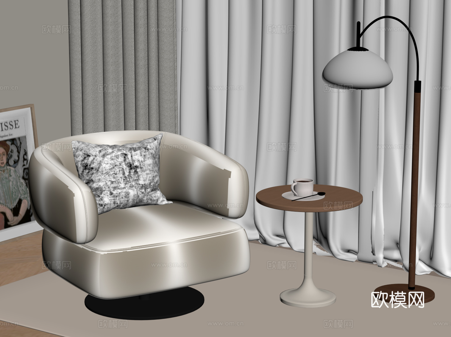 现代奶油风懒人沙发 休闲沙发 边几 落地灯su模型