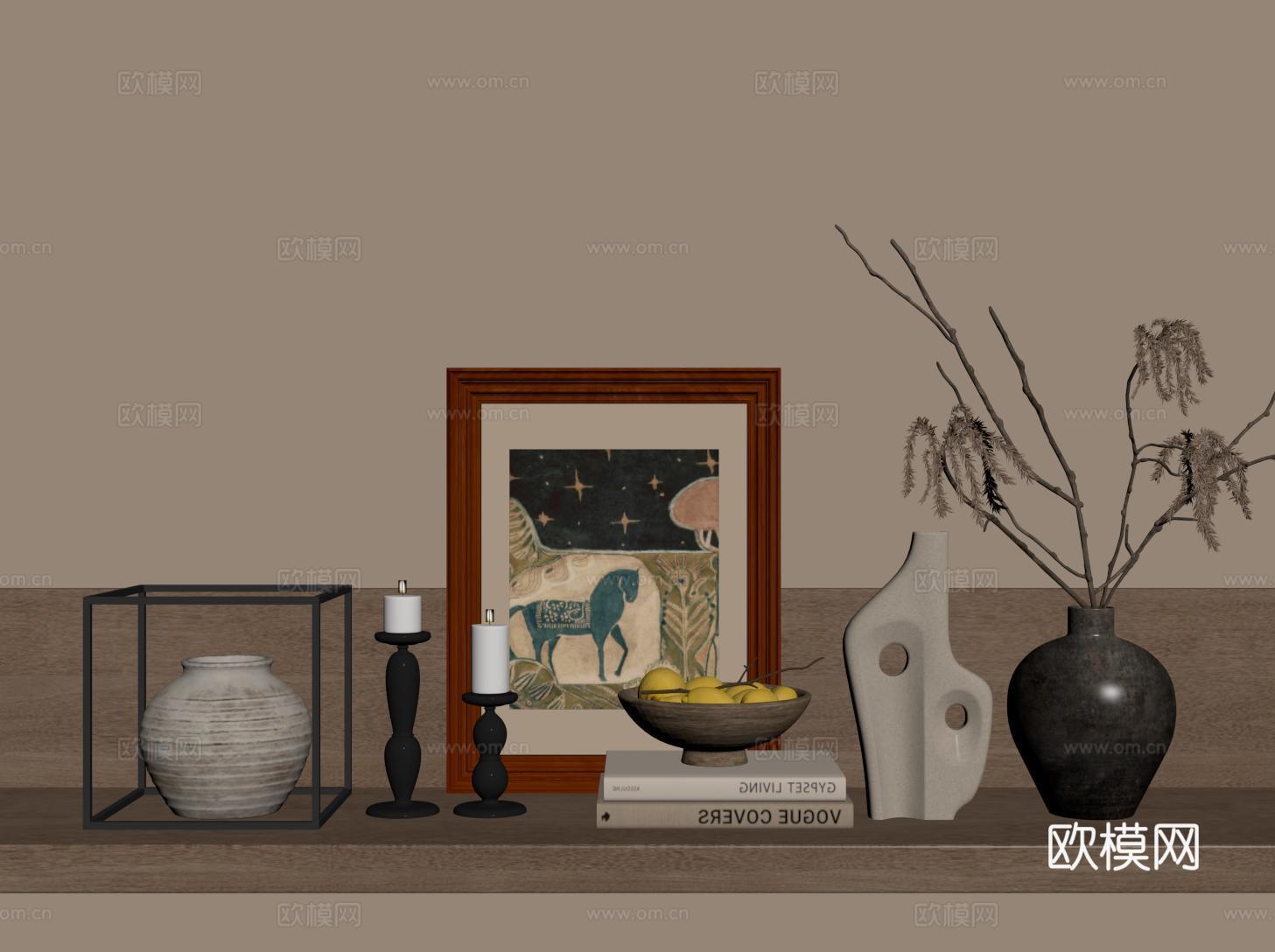 中古侘寂饰品摆件 花艺 烛台 装饰画 瓦罐su模型