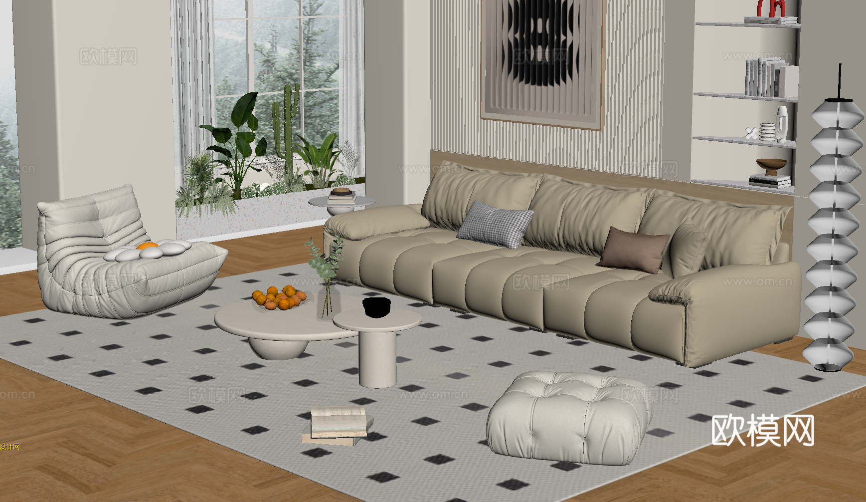 奶油风客厅su模型