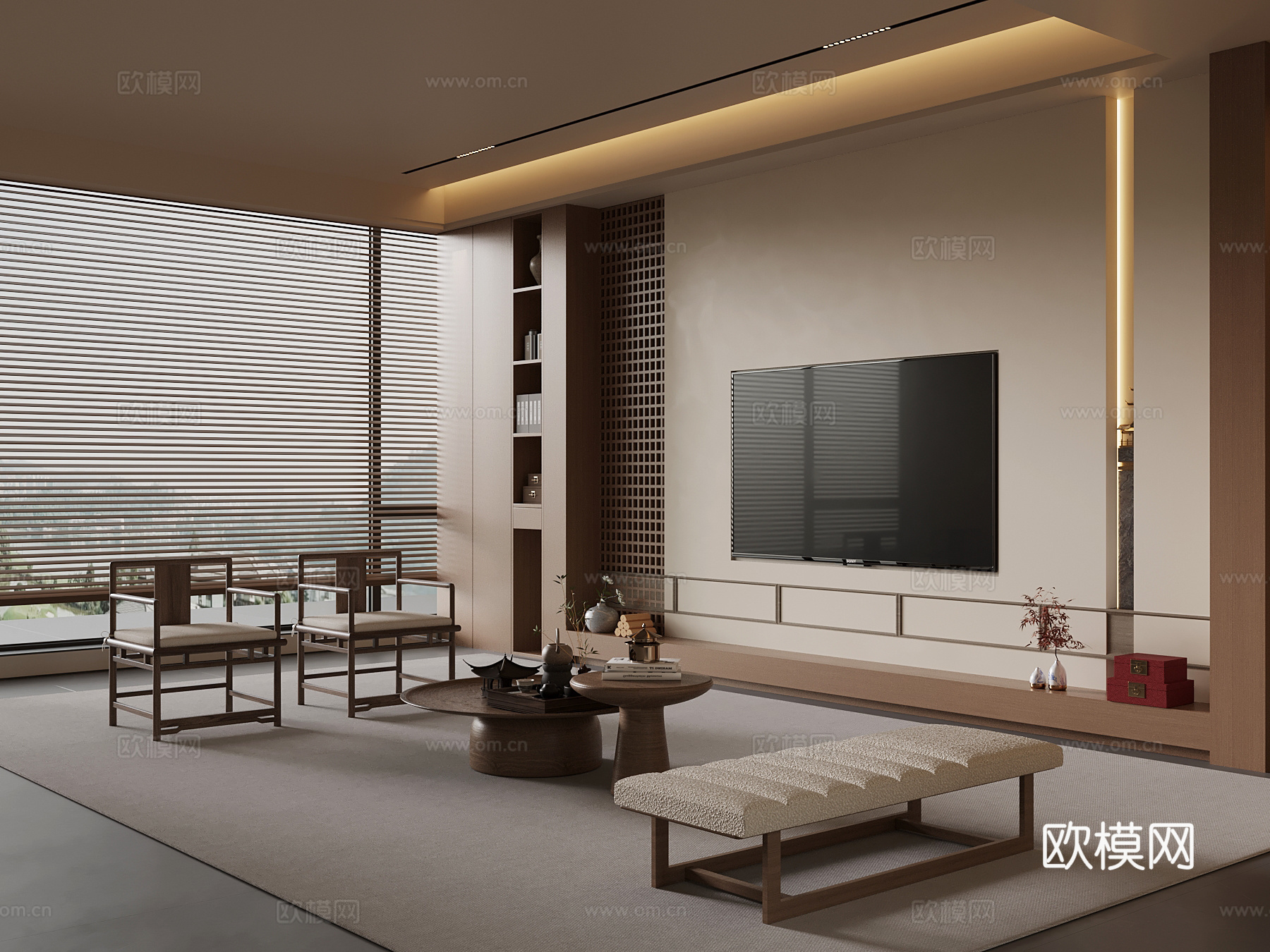 新中式客厅su模型