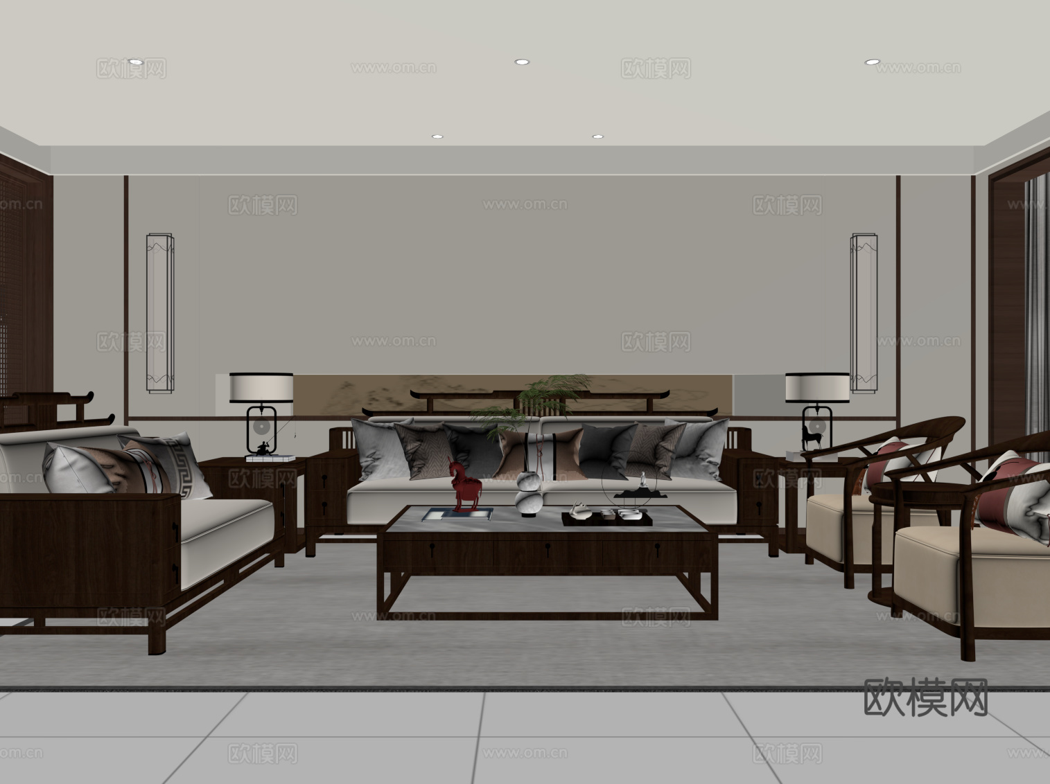 新中式客厅su模型