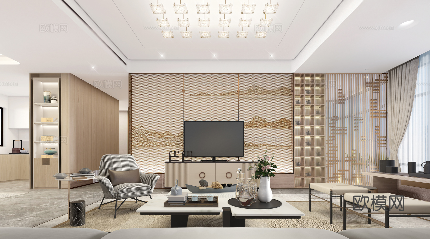 轻奢别墅 样板间 最新全套施工图 效果图合集cad施工图下载（渲染图1）