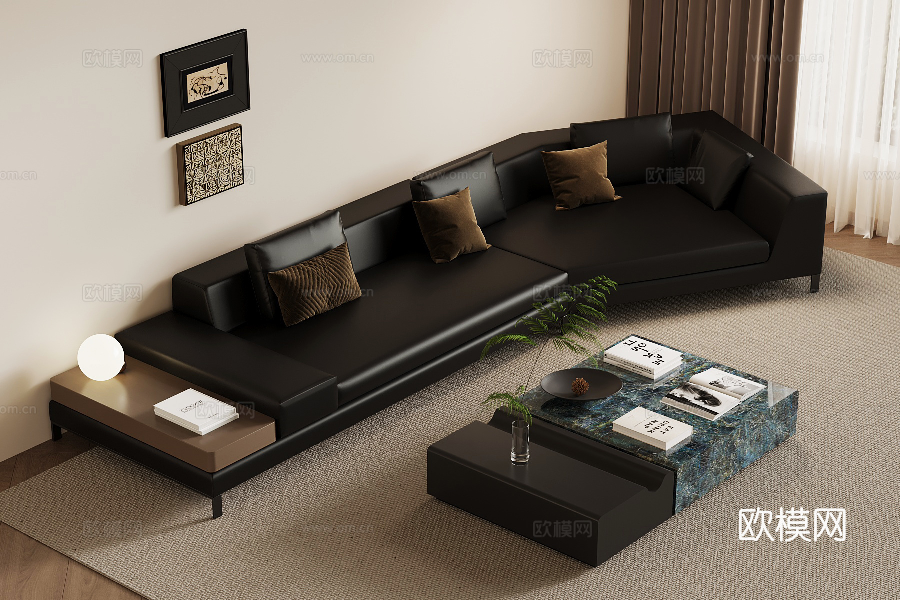 现代意式多人沙发 三人沙发 皮质沙发 异形沙发 沙发茶几组合su模型