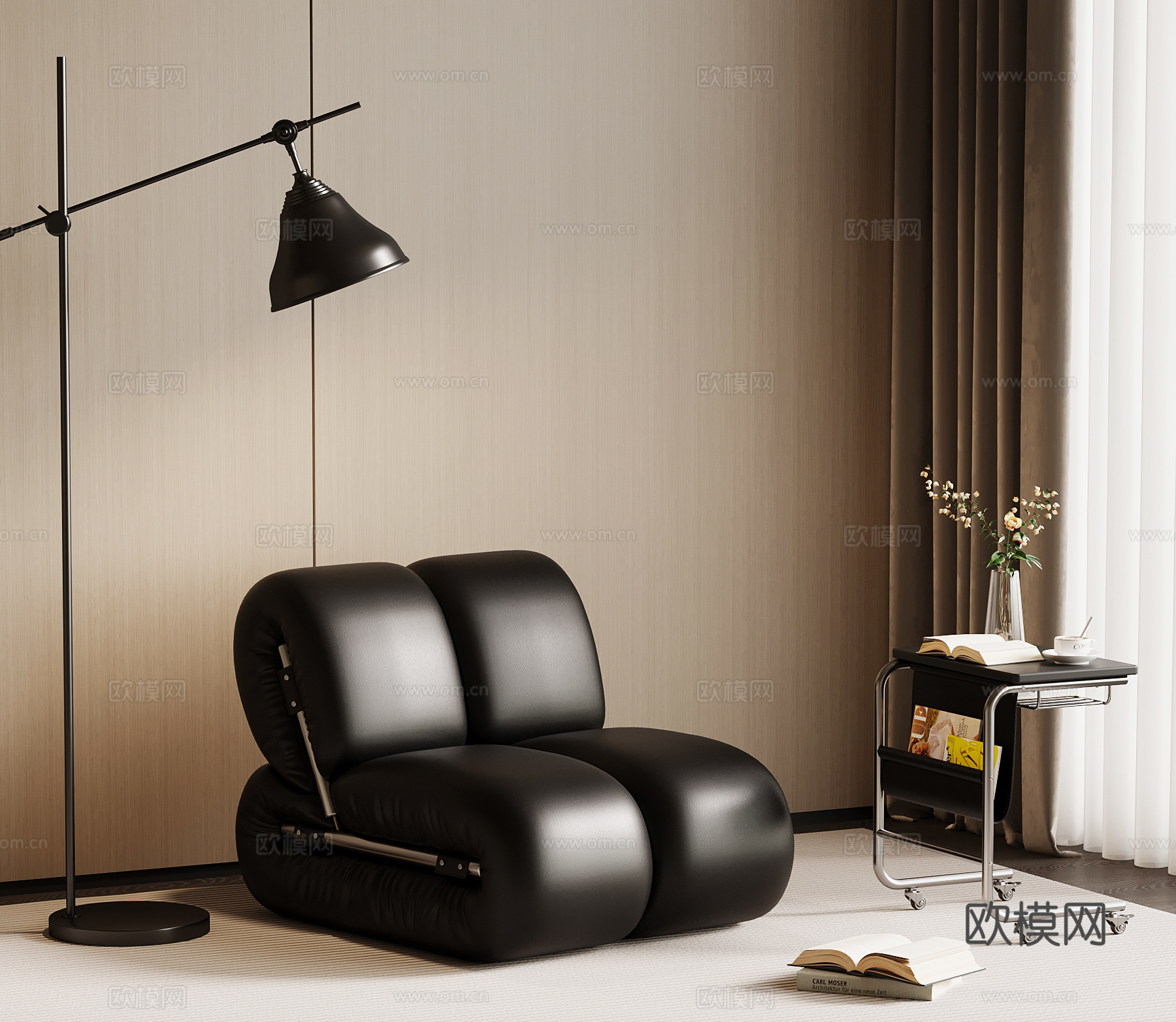 现代意式懒人沙发 休闲沙发 皮质沙发 落地灯 边几3d模型下载