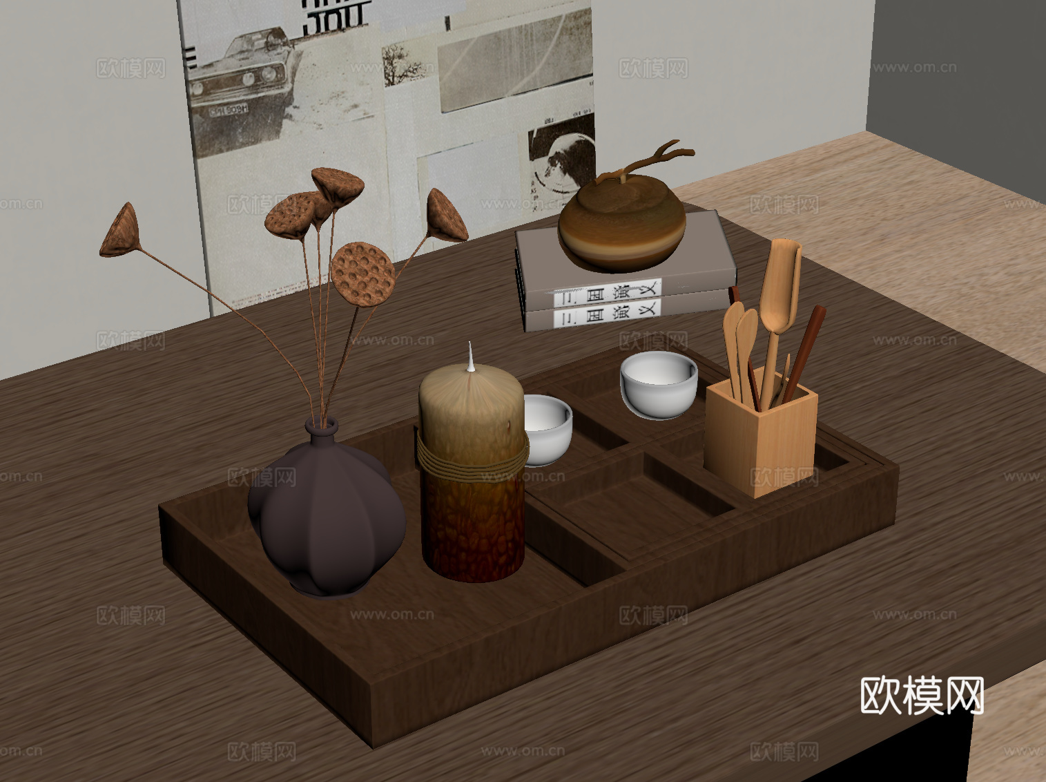 新中式托盘 茶具su模型