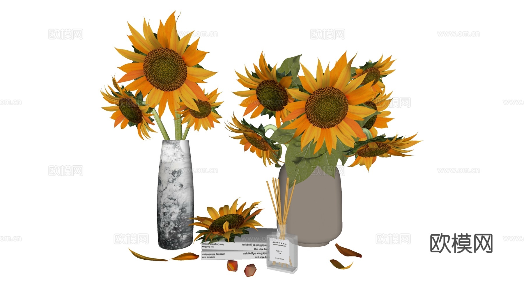 侘寂风陶瓷花瓶 向日葵 仿真花 花束 花艺 书与香薰su模型