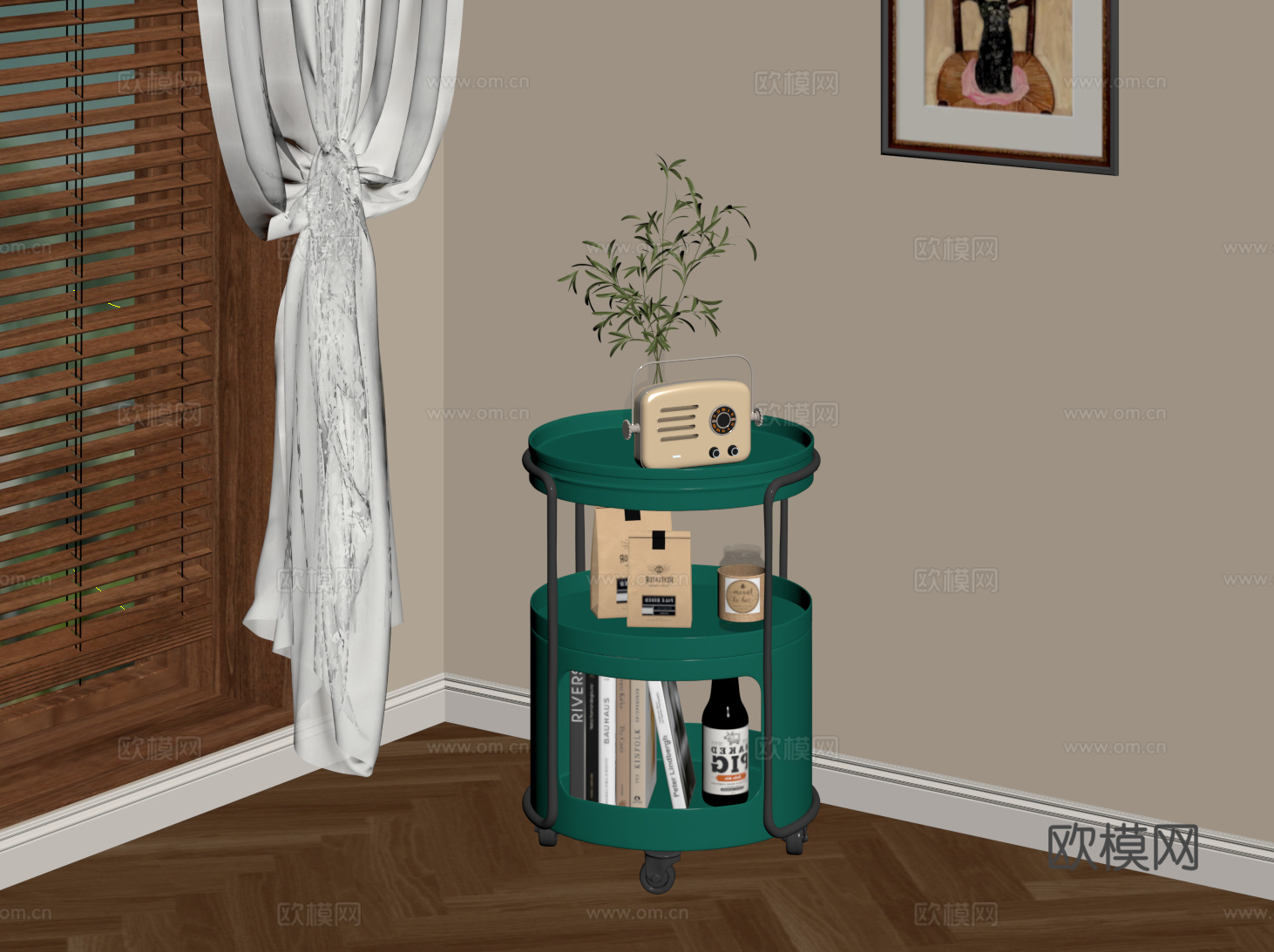 现代边几 奶油风角几 圆形移动边几 小推车置物架su模型