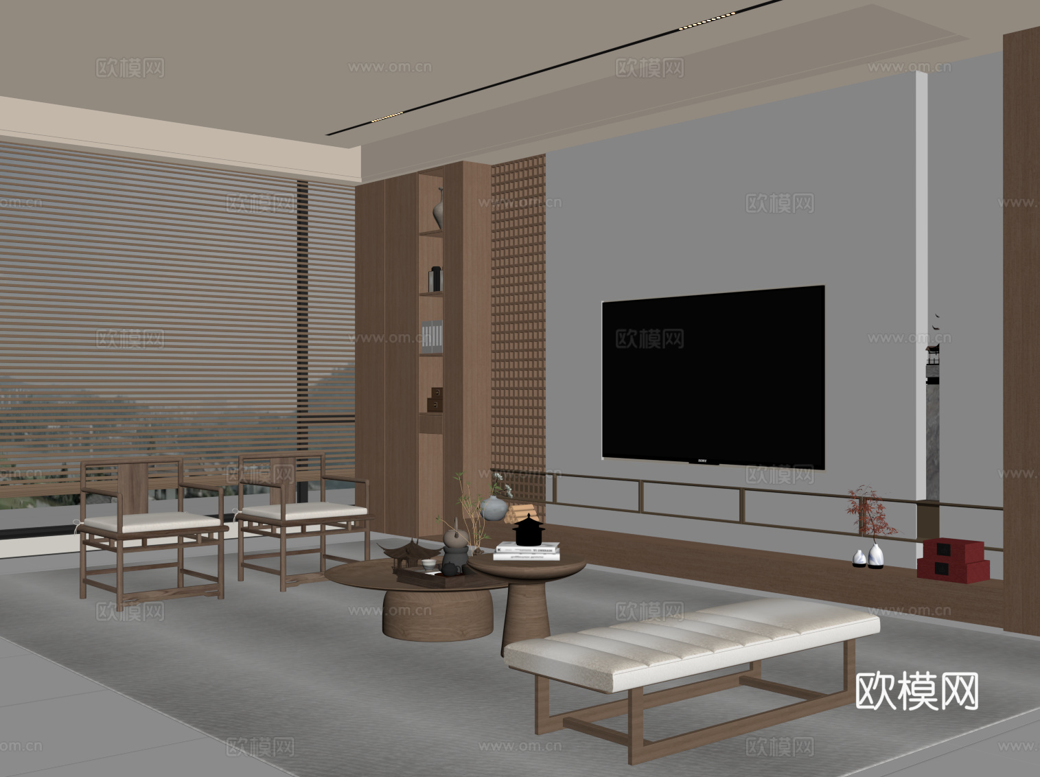 新中式客厅su模型